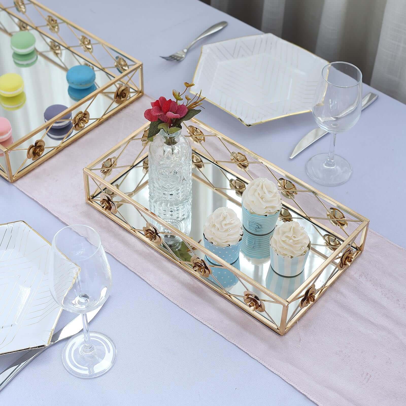 Set of 2 Metal Mirrored Rectangle Serving Trays in Gold with Rose Borders, Glamorous Decorative Vanity Tray Centerpiece 15x8, 19x12