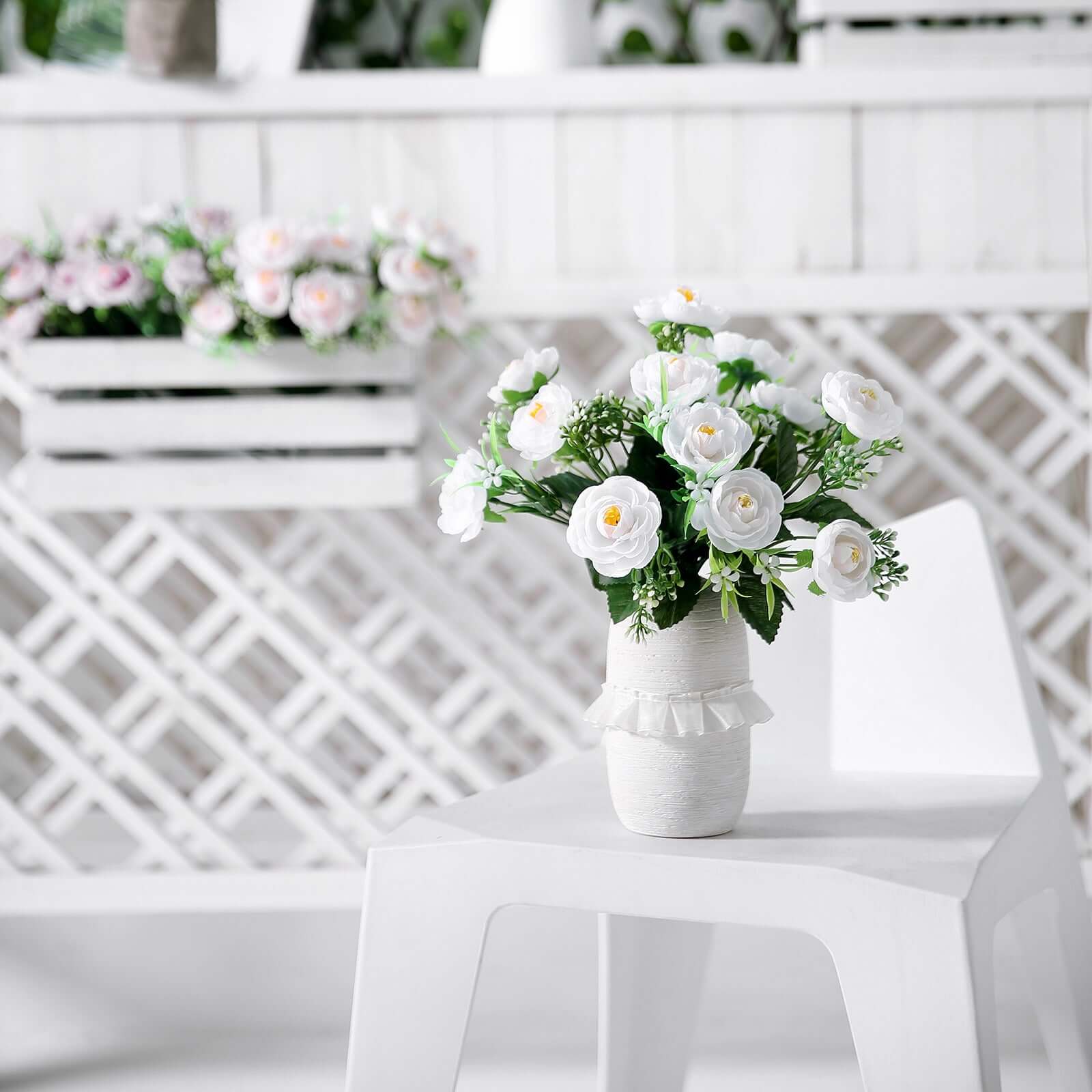4 Bushes White Artificial Silk Peony Flower Bouquet Arrangement