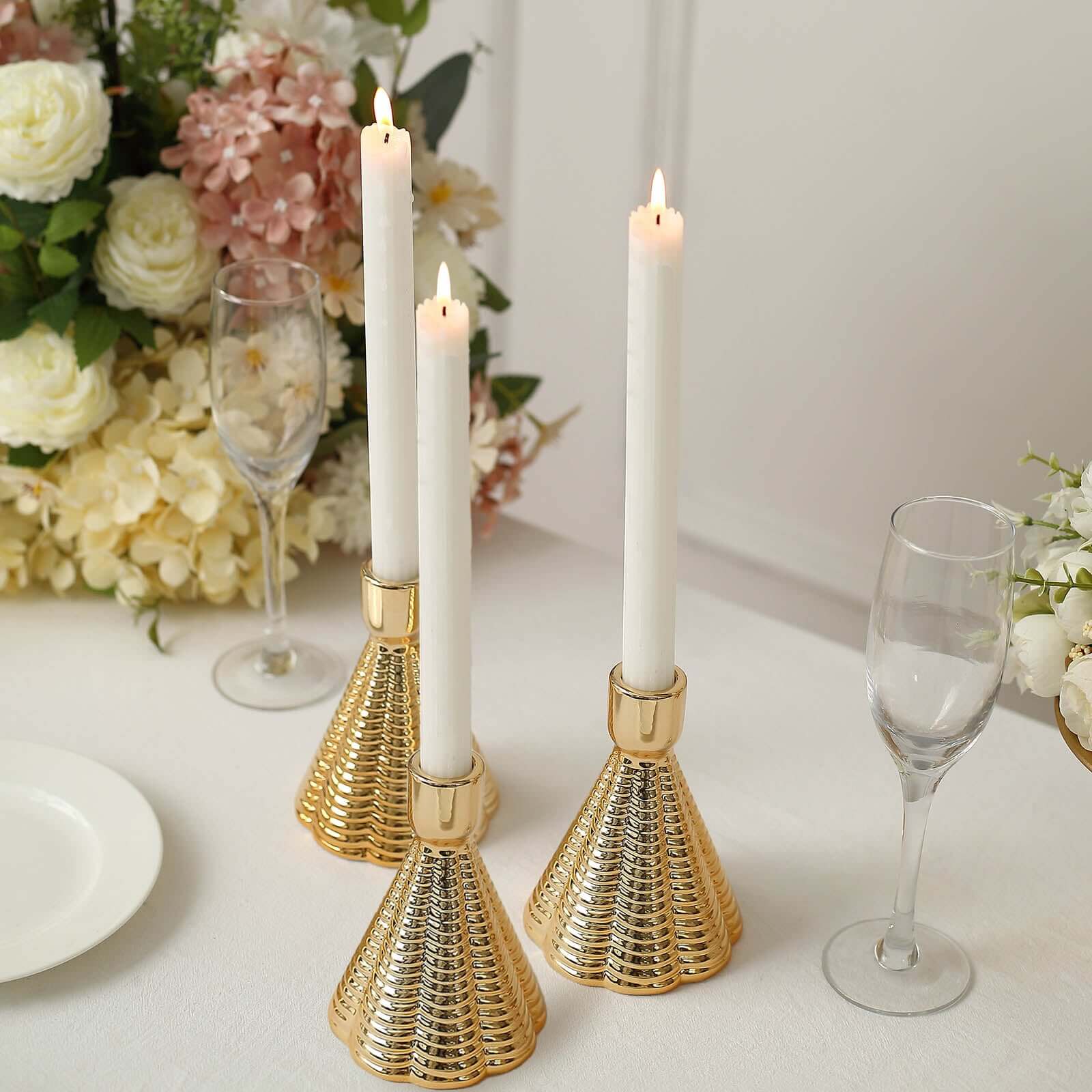 3-Pack Ceramic Taper Candle Holders Ribbed Cone Shaped Design Metallic Gold - Candlestick Stands for Decor 5