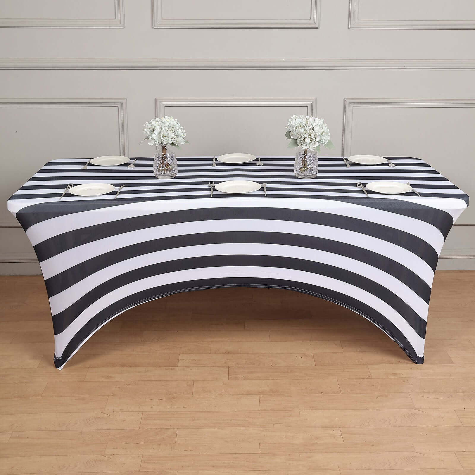 Stretch Spandex 72x30 Rectangle Tablecloth Black/White Vertical Stripes - Durable Form-Fitting Table Cover for Events & Presentations