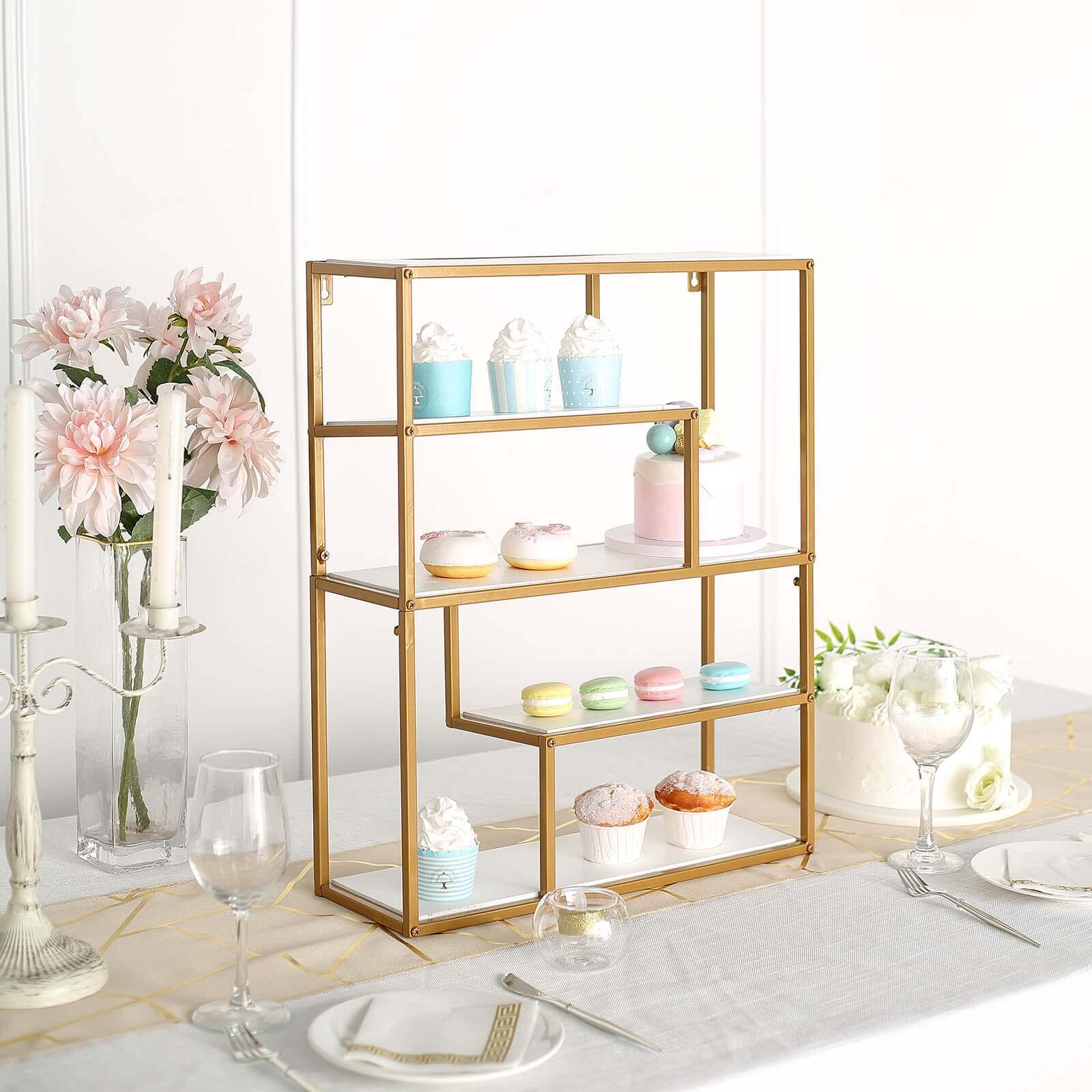 4-Tier Dessert Cupcake Stand Metal Gold with White Wood Panels - Wall Shelf & Book Display Rack 22