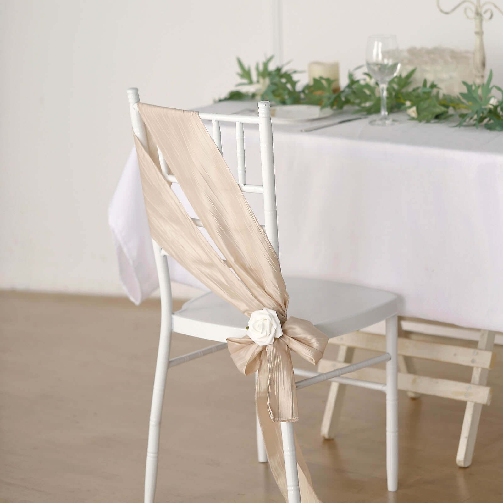 5 Pack Taffeta 6x106 Chair Sashes Beige Accordion Crinkle Texture - Stylish Decor for Weddings & Gatherings