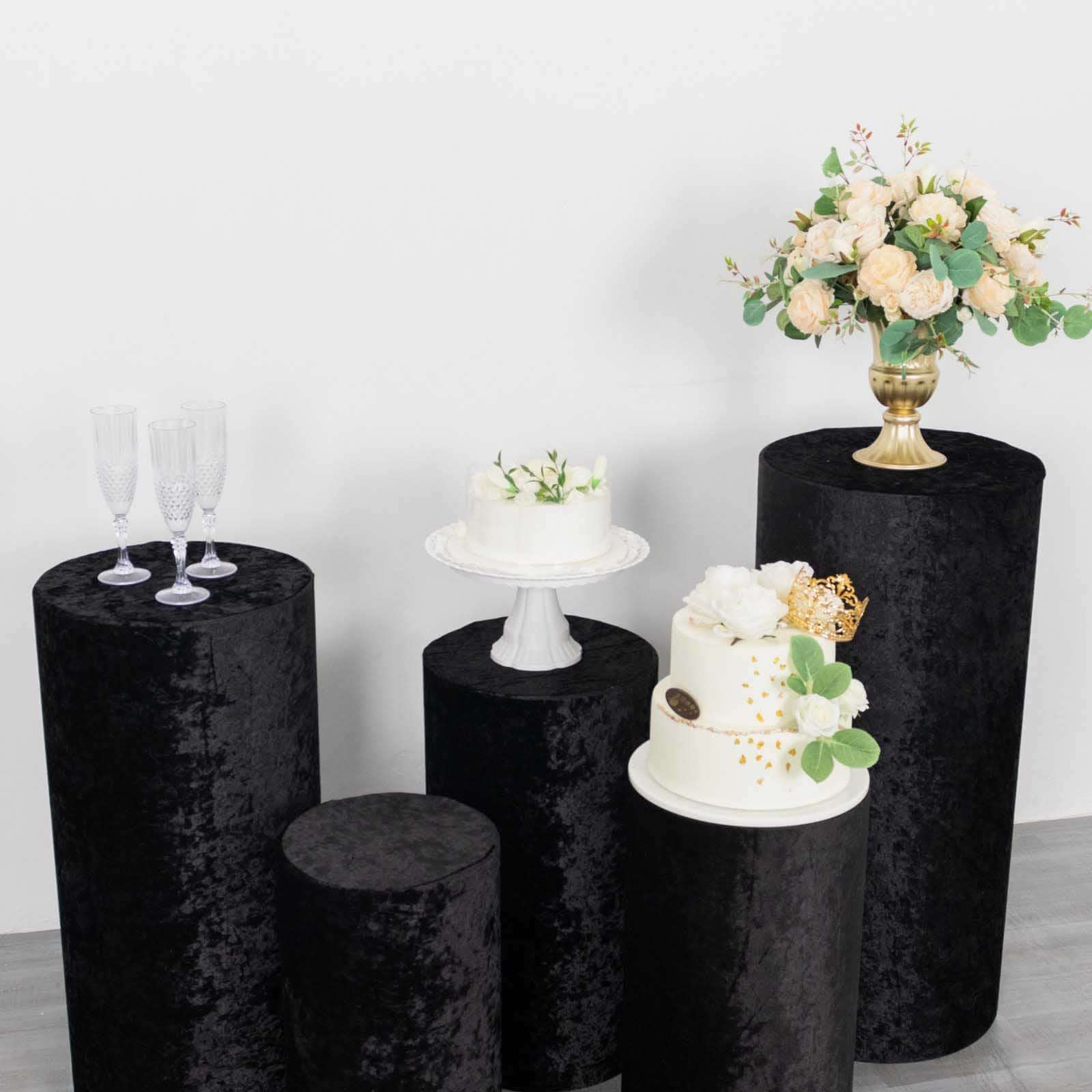 Set of 5 Black Crushed Velvet Cylinder Pedestal Stand Covers, Premium Pillar Prop Covers