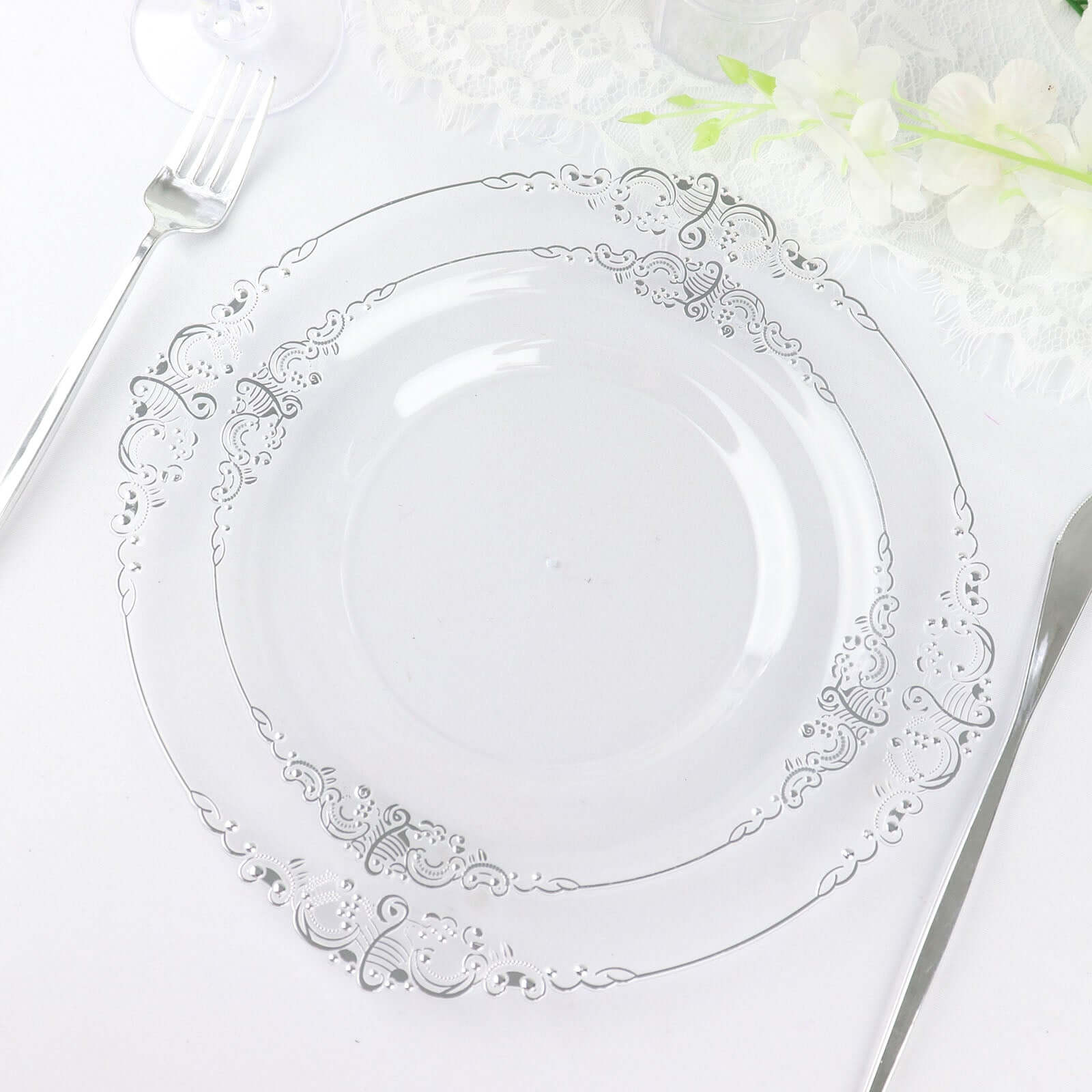 10-Pack Plastic 8 Round Dessert Plates in Clear with Silver Leaf Embossed Rim - Disposable Vintage Baroque Style Salad Plates