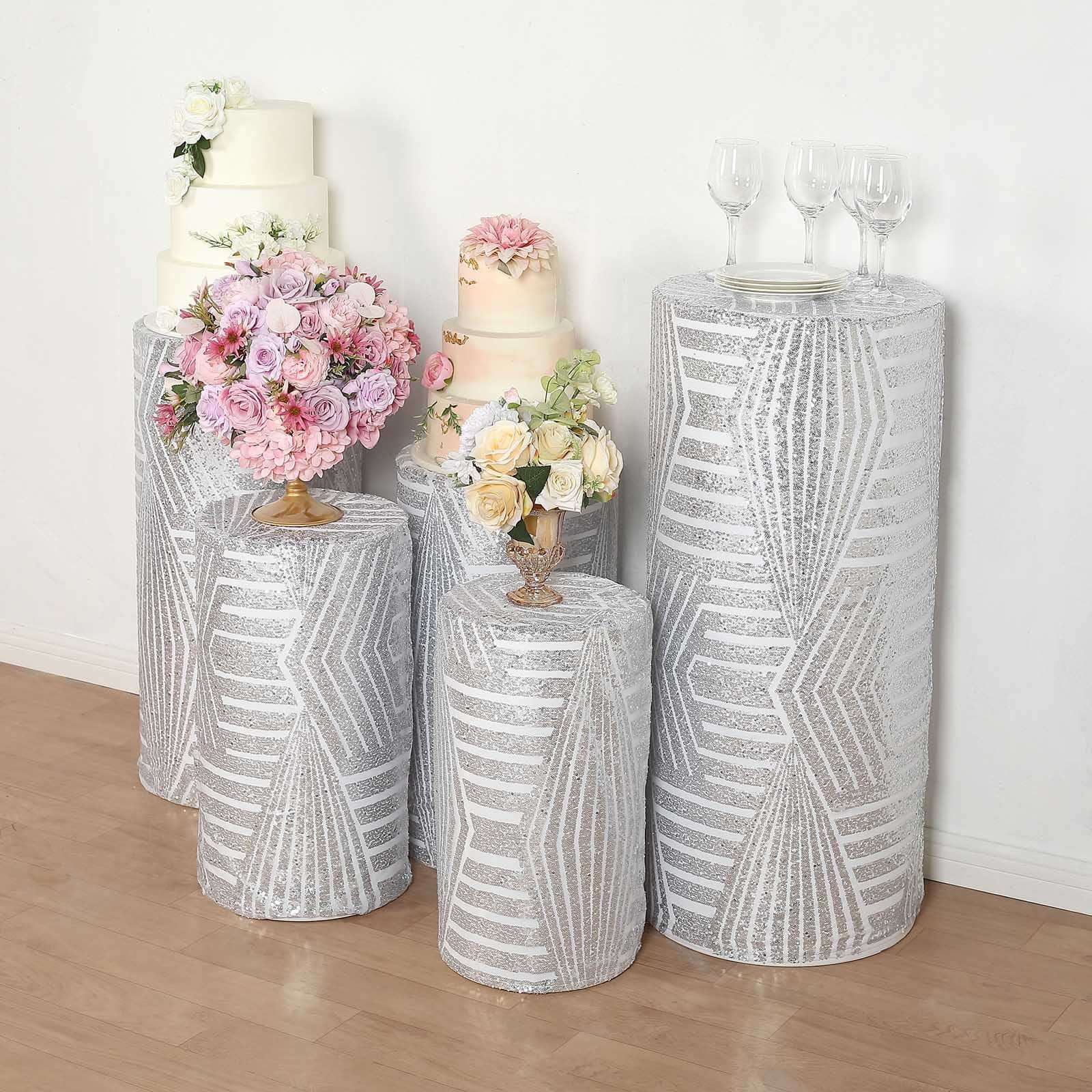 Set of 5 Silver Sequin Mesh Cylinder Pedestal Stand Covers with Geometric Pattern Embroidery, Sparkly Sheer Tulle Pillar Prop Covers