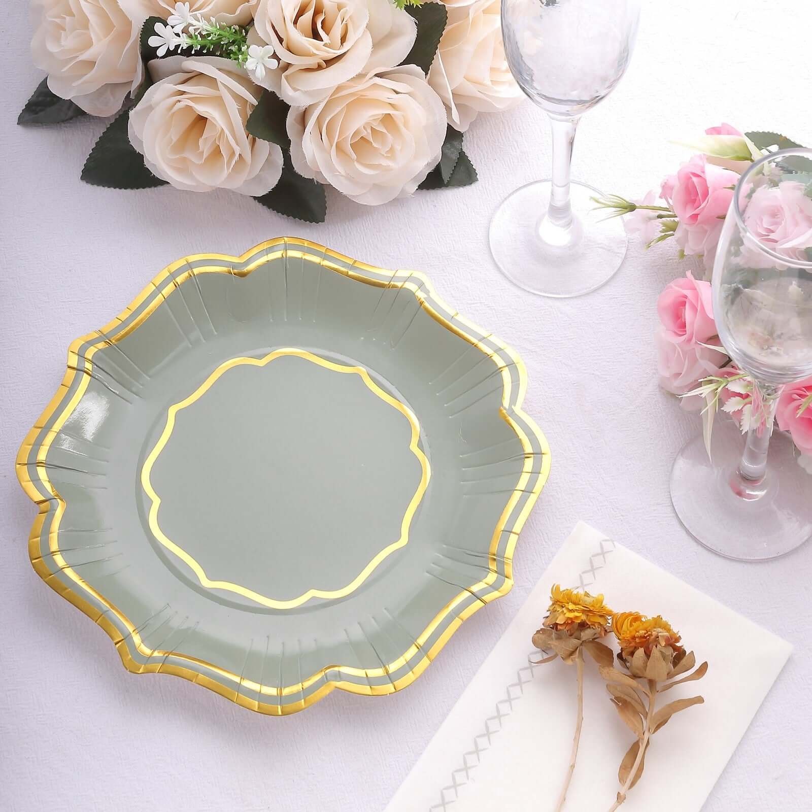 25-Pack Paper Dessert Plates in Sage Green with Gold Scallop Rim - Disposable 300GSM Appetizer Salad Plates 8