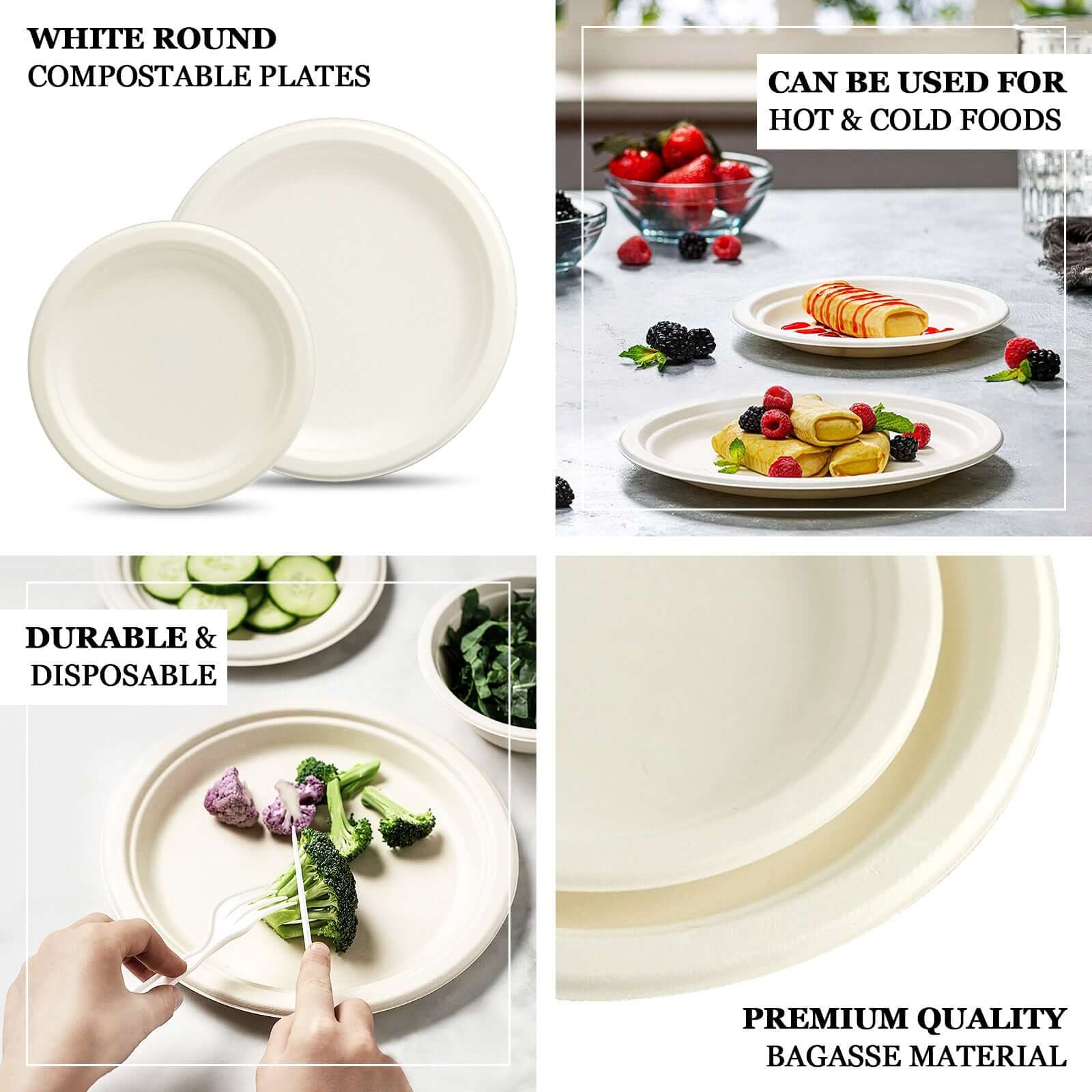 50-Pack Bagasse 9 Round Dinner Plates in White Biodegradable - Biodegradable Disposable Sugarcane Party Plates for Outdoor Celebrations & Picnics