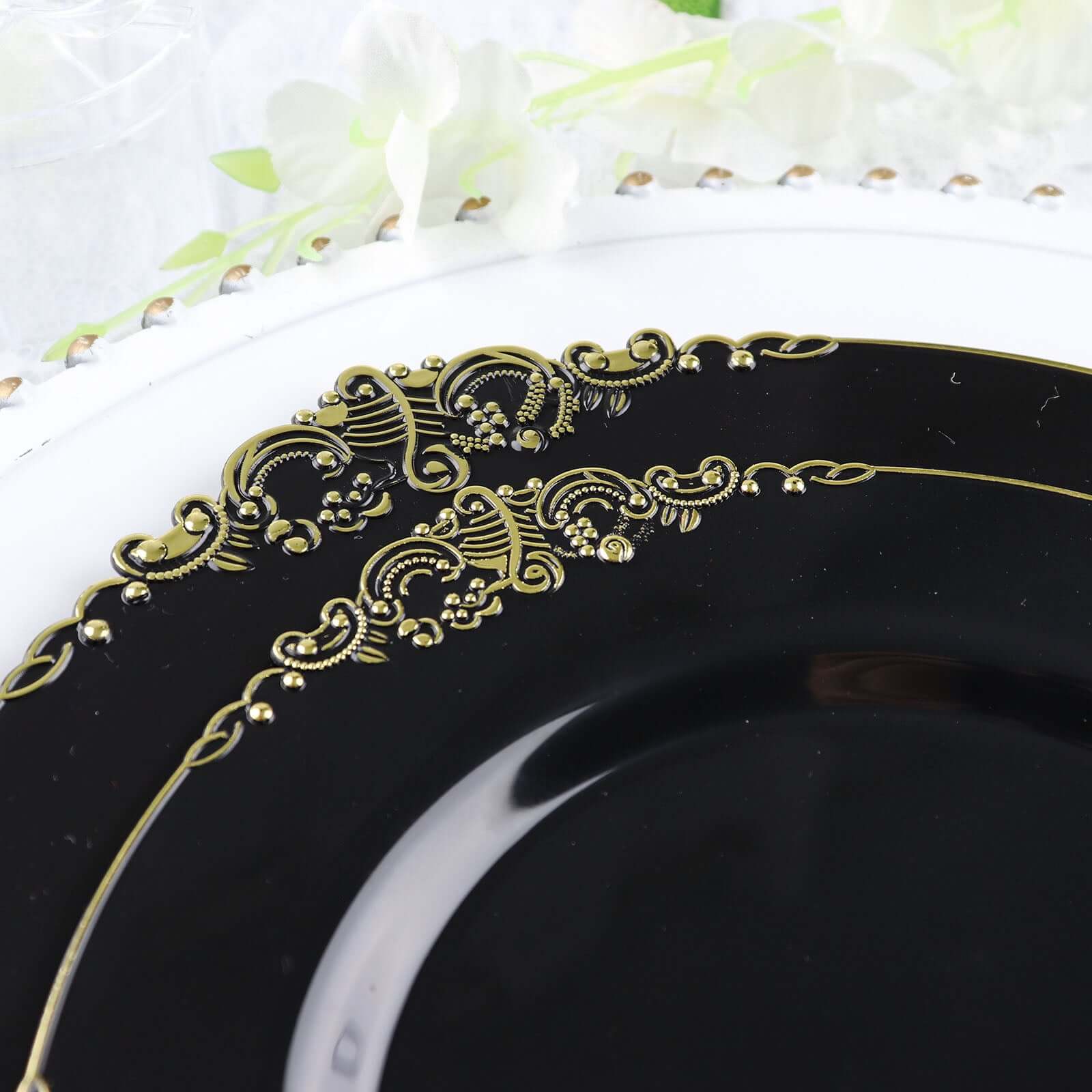 10-Pack Plastic 10 Round Dinner Plates in Black with Gold Leaf Embossed Rim - Disposable Vintage Baroque Style Plates for Luxurious Gatherings & Events