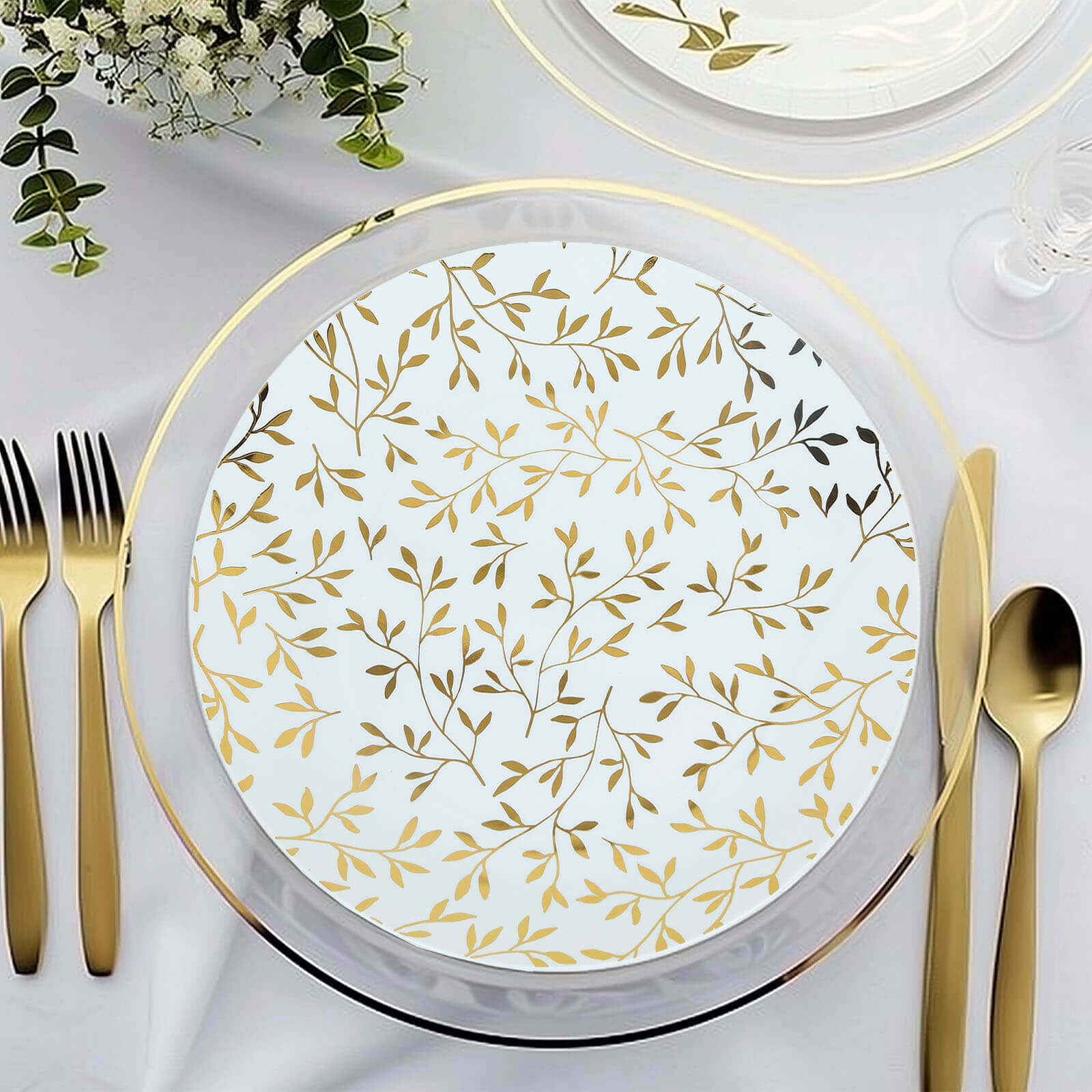 10-Pack Plastic 10 Round Dinner Plates in White with Gold Leaf Design - Heavy Duty Disposable Party Plates for Stylish Events & Memorable Gatherings