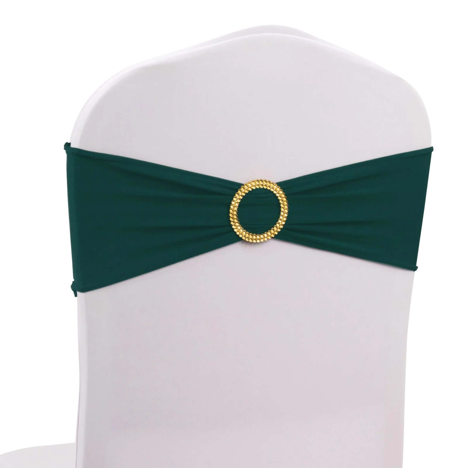 5 Pack Spandex Chair Sashes Hunter Emerald Green with Gold Rhinestone Buckles - Reusable Four-Way Stretch Sash Bands 5x14