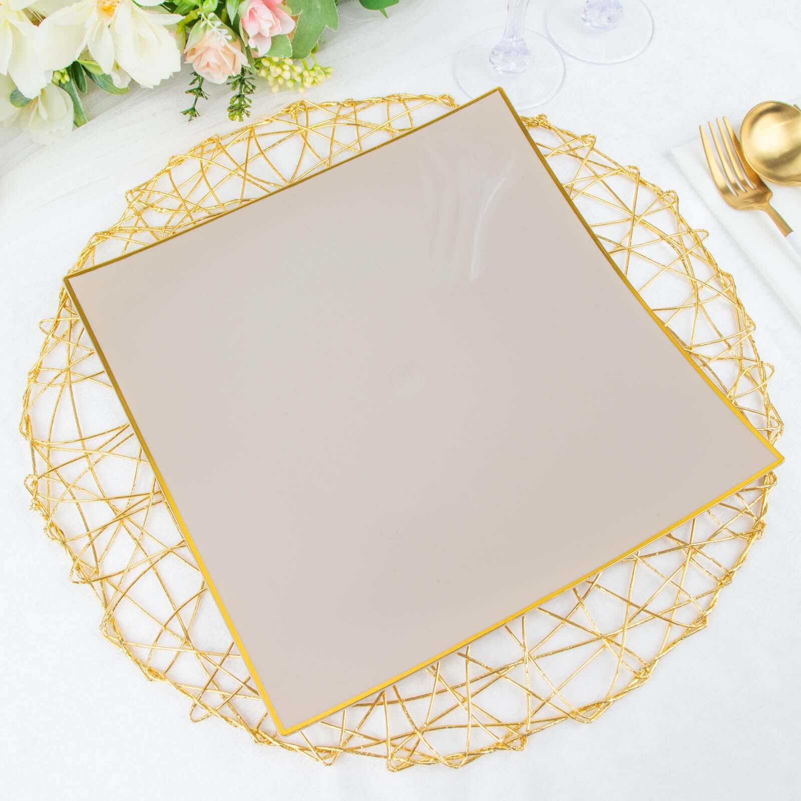 10-Pack Plastic 10 Square Dinner Plates in Taupe Concave Style with Gold Rim - Modern Disposable Party Plates