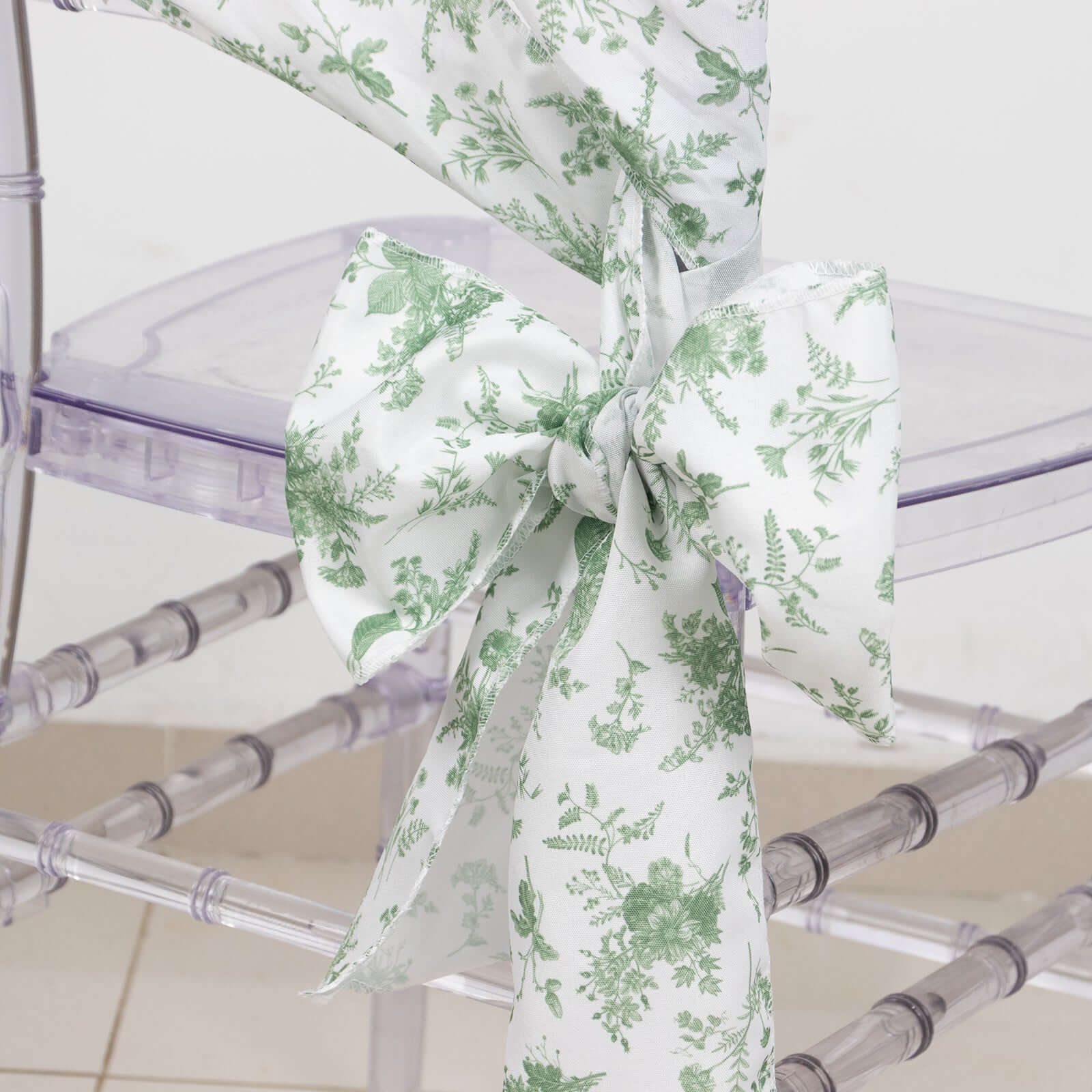 5 Pack Polyester Chair Sashes Dusty Sage Green French Toile Floral Design - Stylish Durable and Reusable Chair Bows 6x108