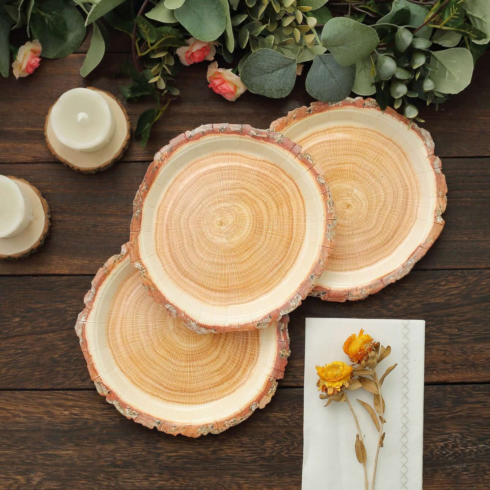 25-Pack Paper 7 Round Dessert Plates in Natural Wood Slice Print - Disposable Appetizer Salad Plates for Rustic Farmhouse Style Events