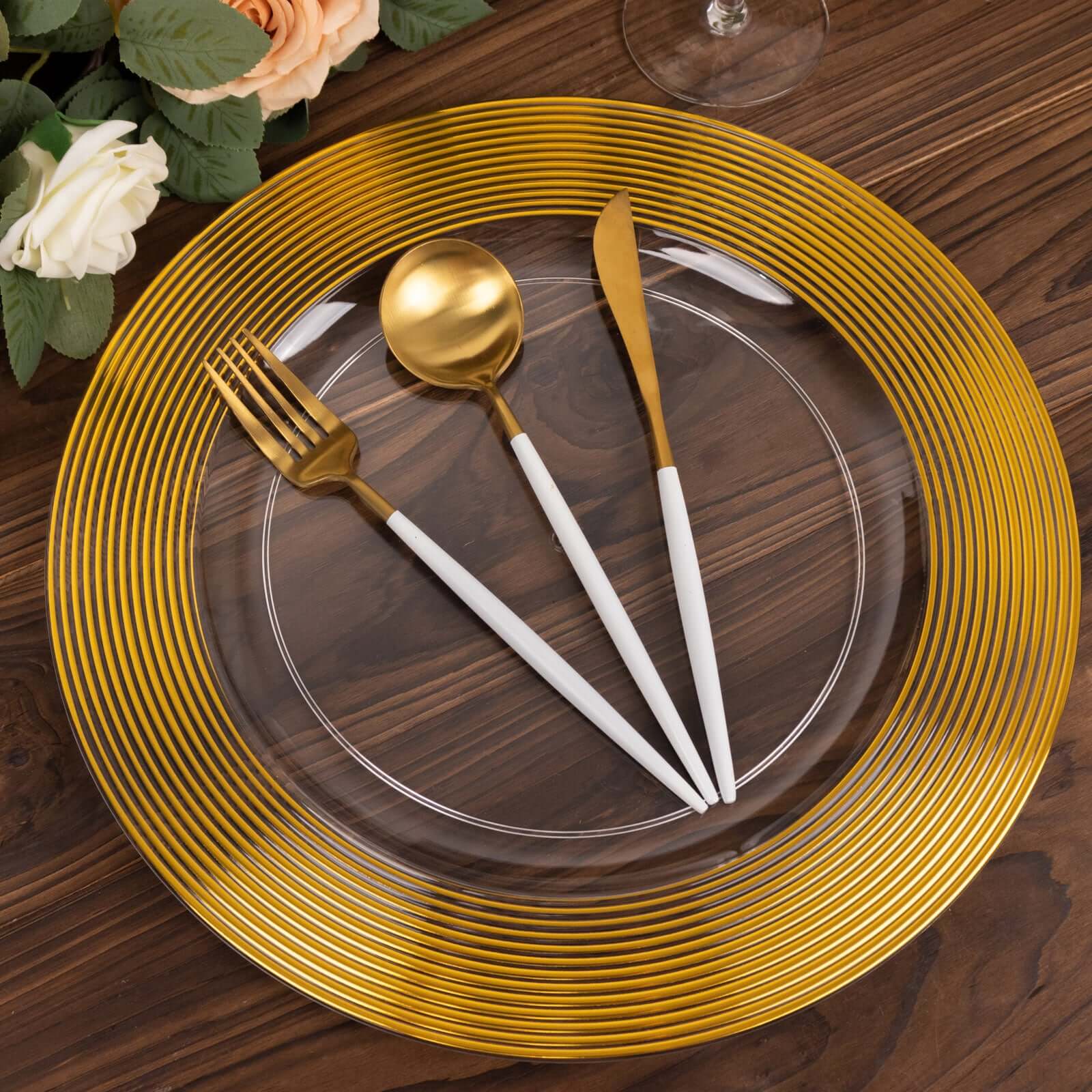 6-Pack Plastic Round Charger Plates 13 in Clear with Gold Lined Ring Rim, Classy Dinner Serving Plates