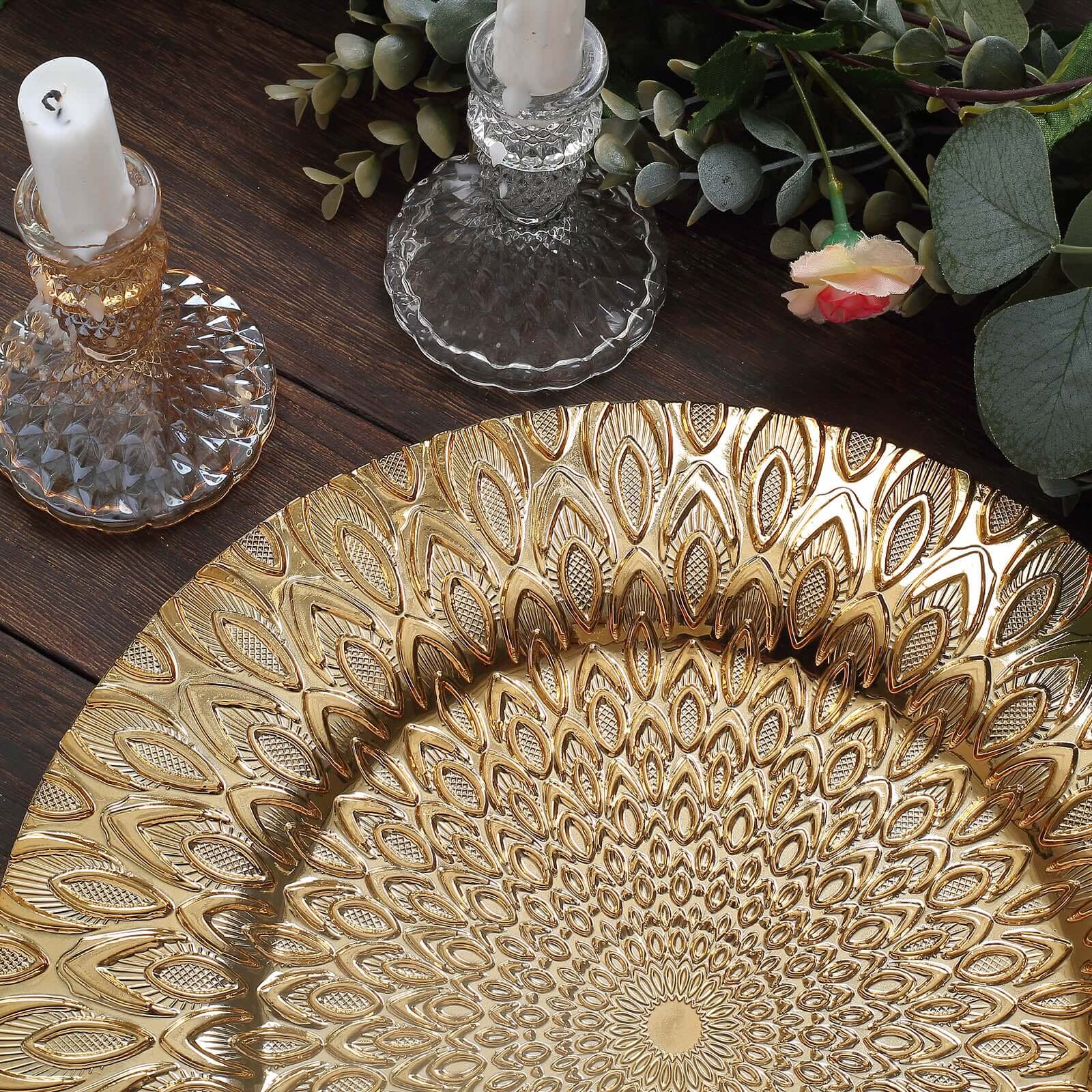 6-Pack Plastic Round Charger Plates 13 in Gold with Embossed Peacock Pattern, Stylish Disposable Charger Tableware