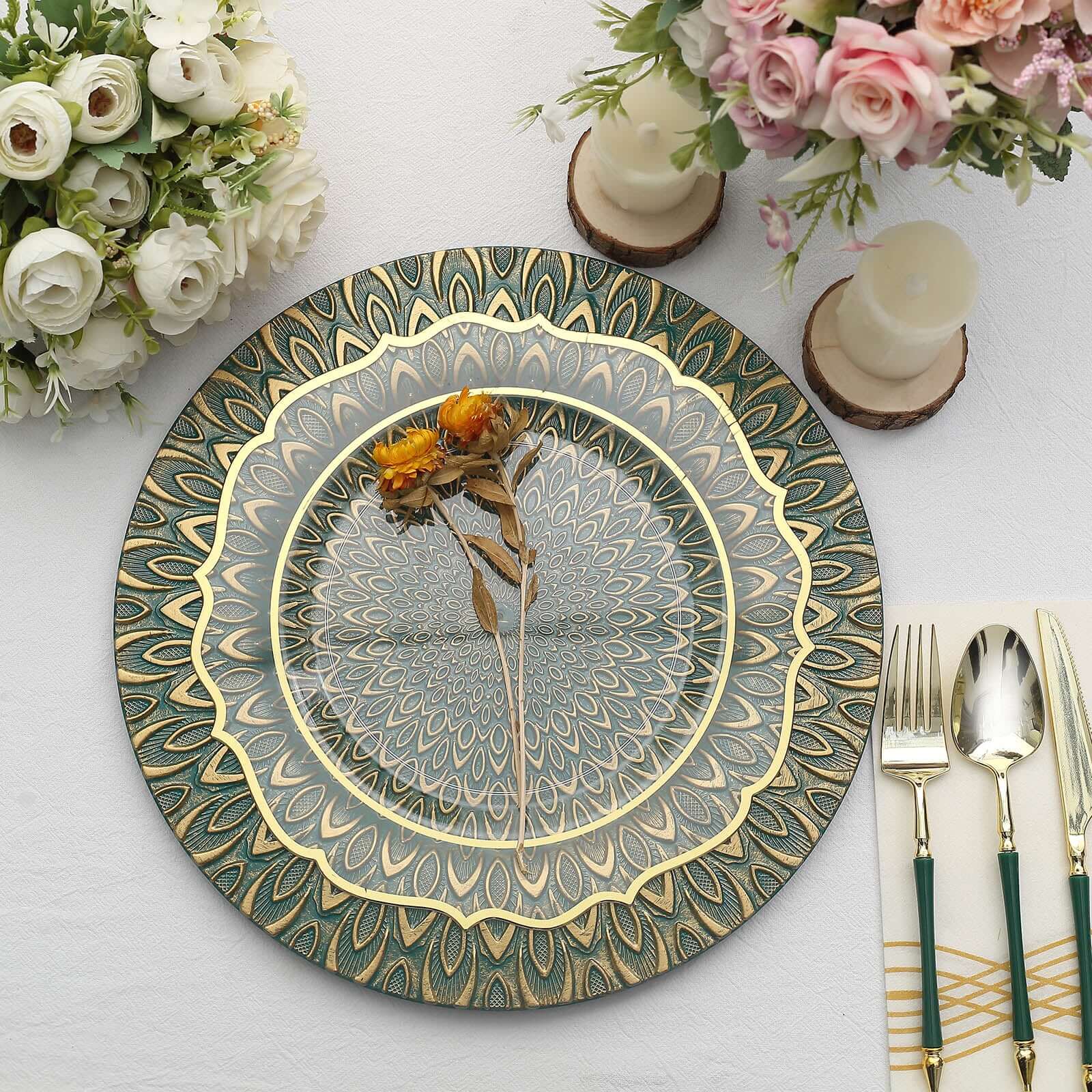 6-Pack Plastic Round Charger Plates 13 in Teal with Gold Embossed Peacock Pattern, Stylish Disposable Charger Tableware