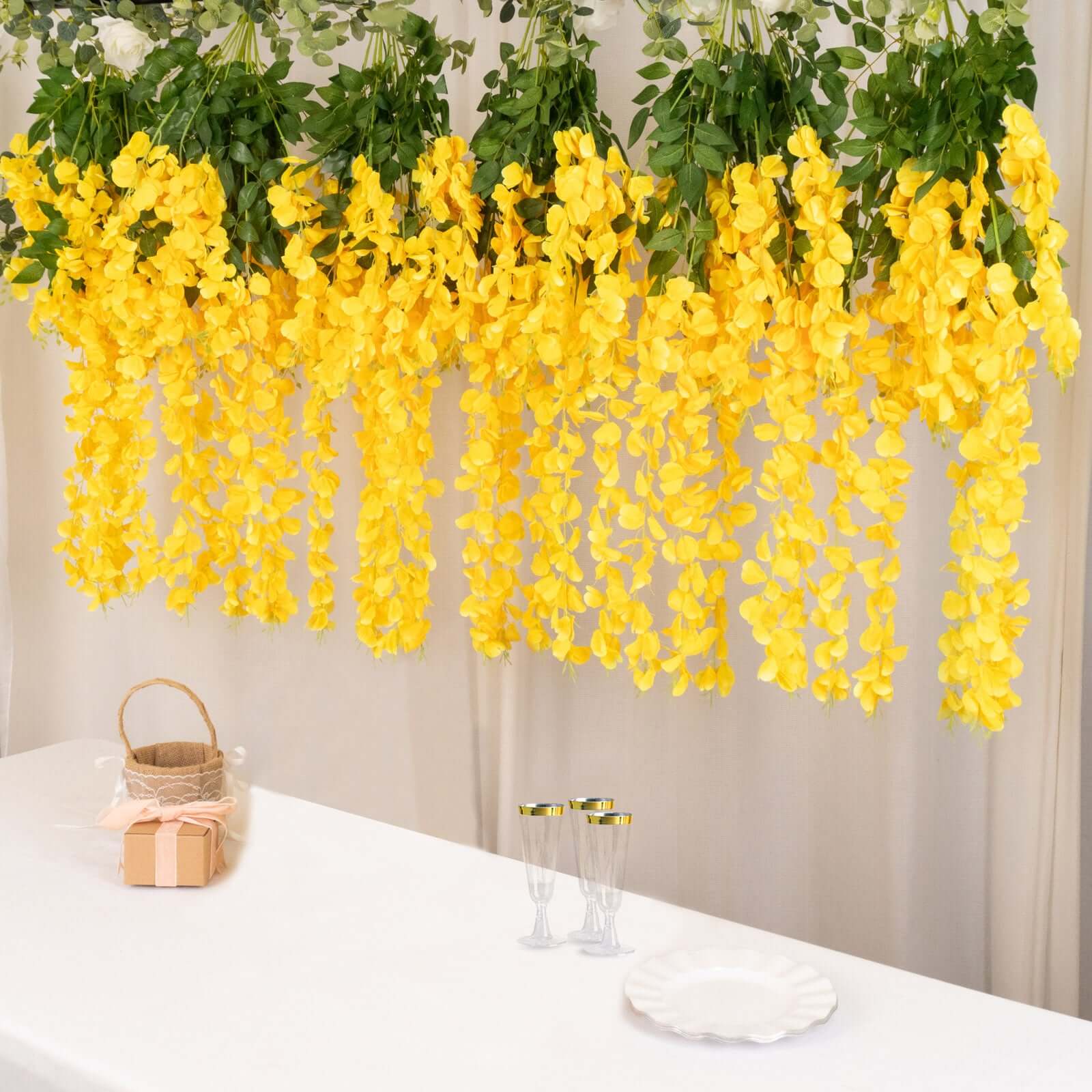 5 Pack 44 Silk Hanging Wisteria Flower Garland Vines in Yellow, 3 Strands in 1 Bush