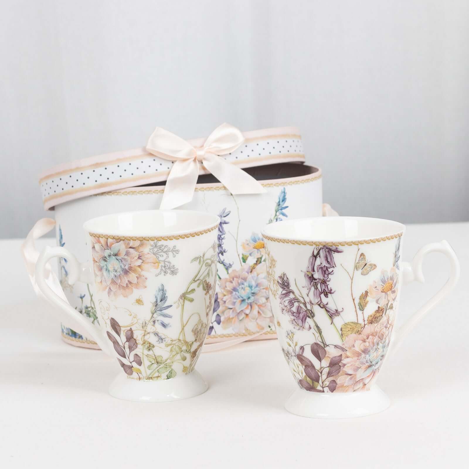 Blush Floral Design Bridal Shower Gift Set, 2 Pack Porcelain Tea Cups With Matching Keepsake Gift Box and Satin Ribbon Handle