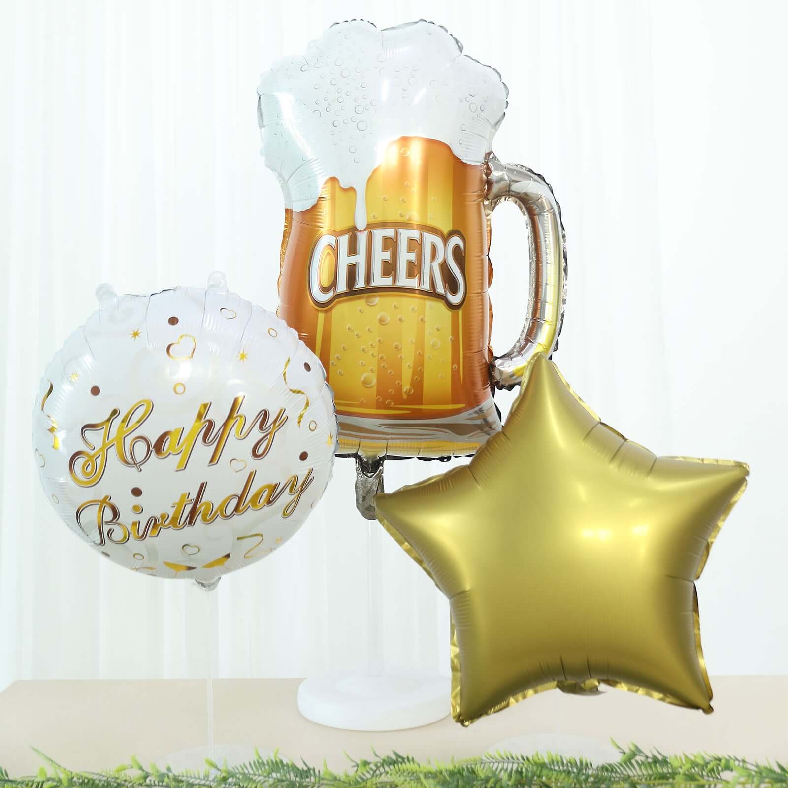 Set of 5 White Gold Round Happy Birthday Mylar Foil Helium Balloon Set, Cheers Beer Mug, Star Balloon Bouquet With Ribbon Birthday Party Decorations