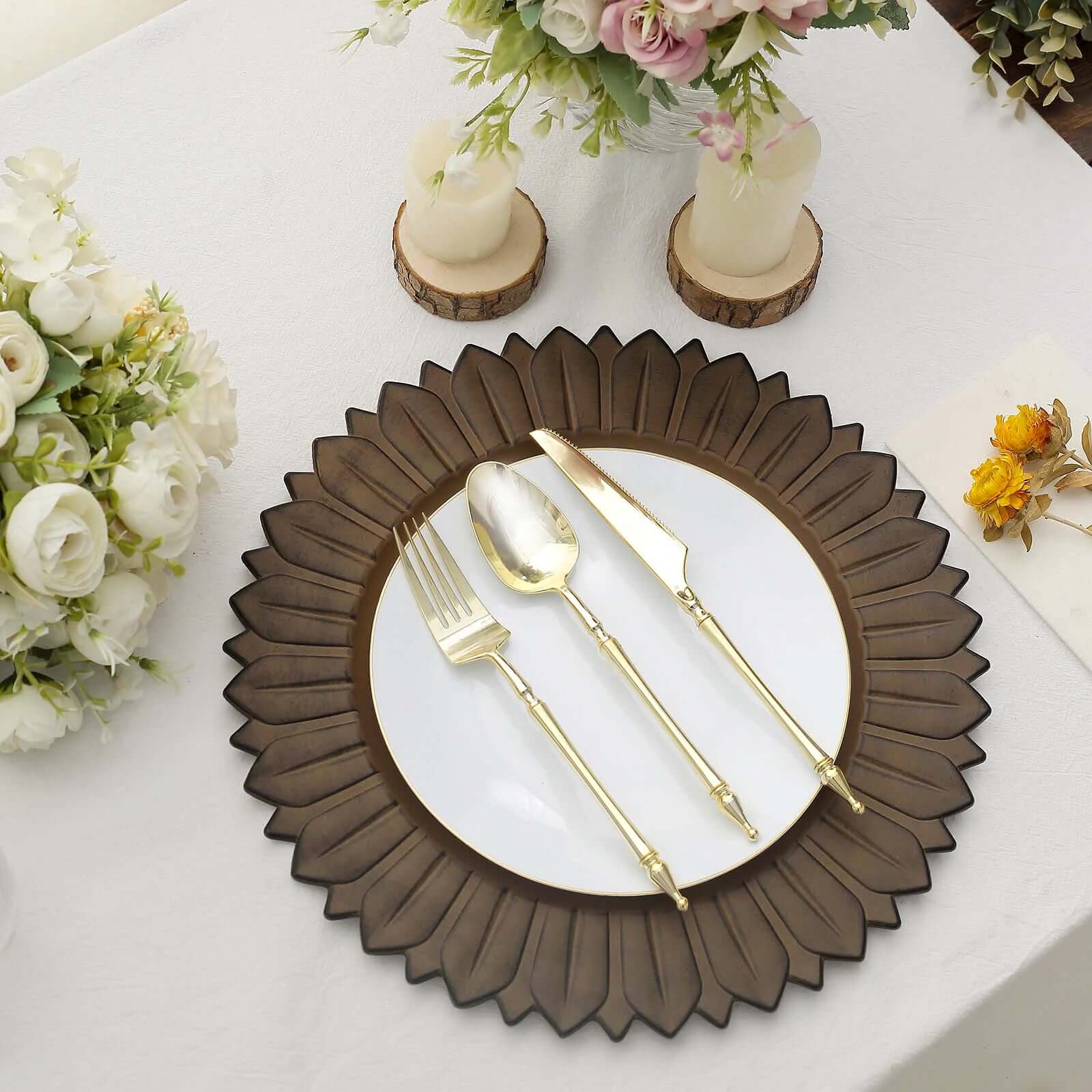 6-Pack Plastic Round Charger Plates 13 in Natural with Sunflower Rim, Matte Finish Disposable Dinner Charger Tableware