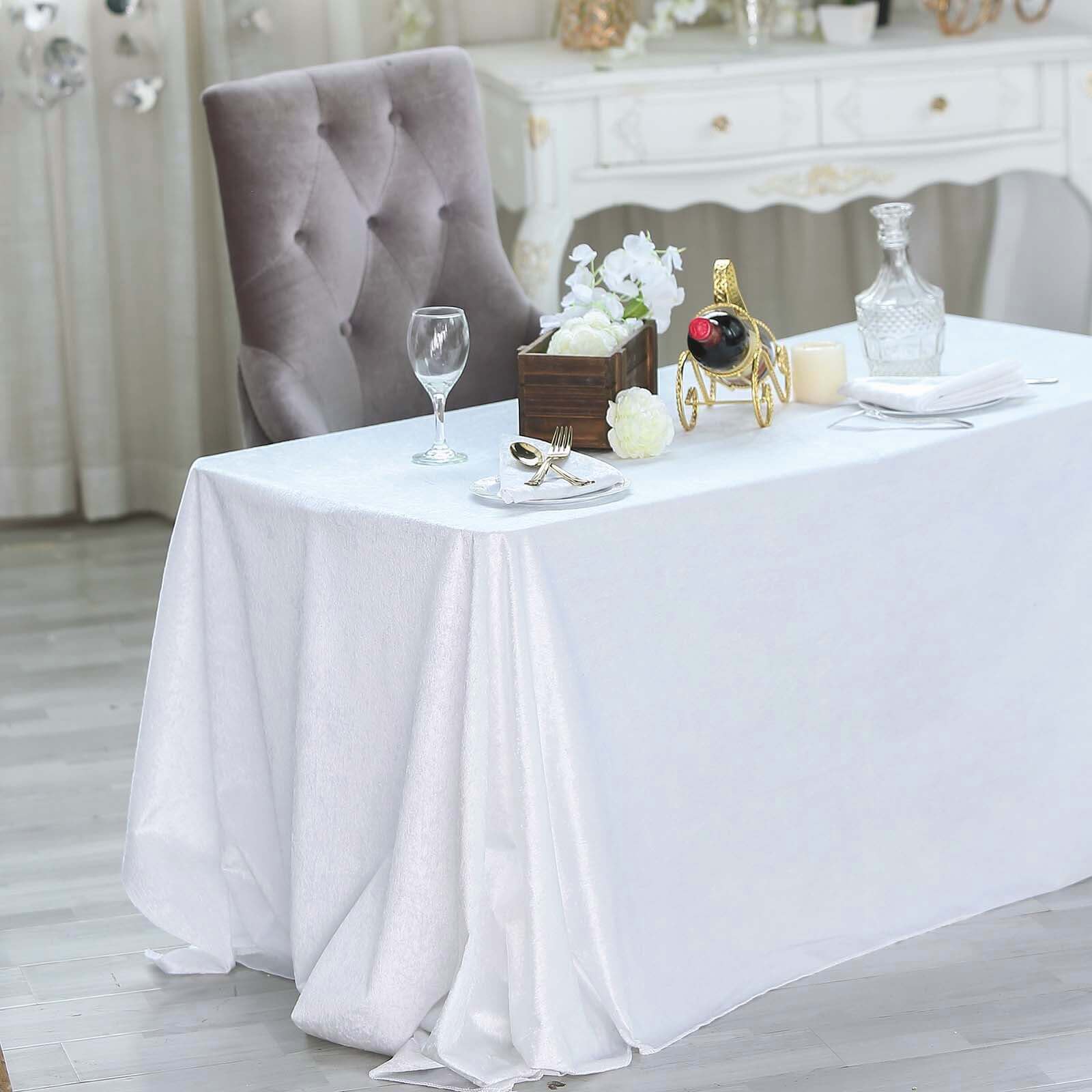 90x132 White Seamless Premium Velvet Rectangle Tablecloth, Reusable Linen for 6 Foot Table With Floor-Length Drop