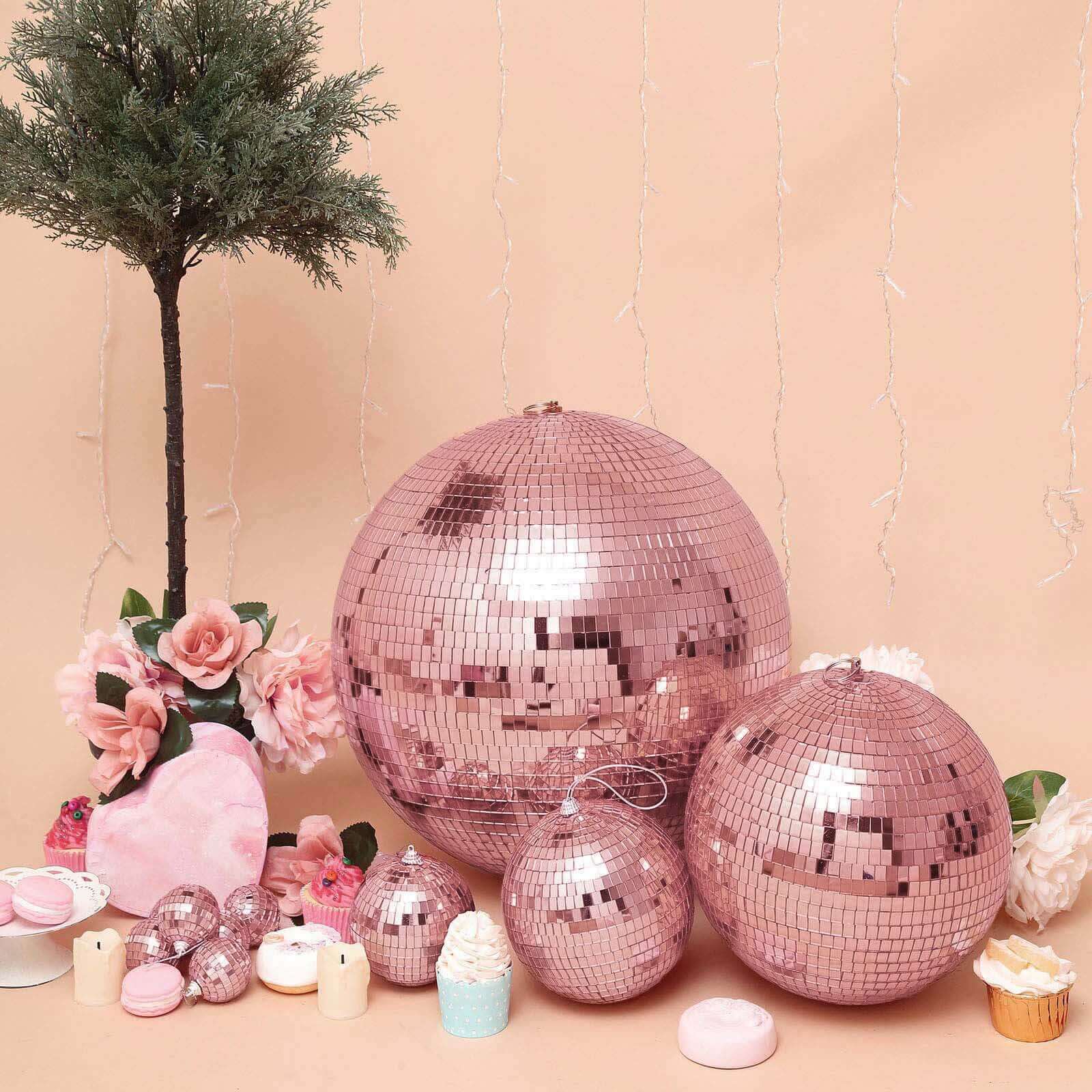 4 Pack 4 Rose Gold Foam Disco Mirror Ball With Hanging Strings, Holiday Christmas Ornaments