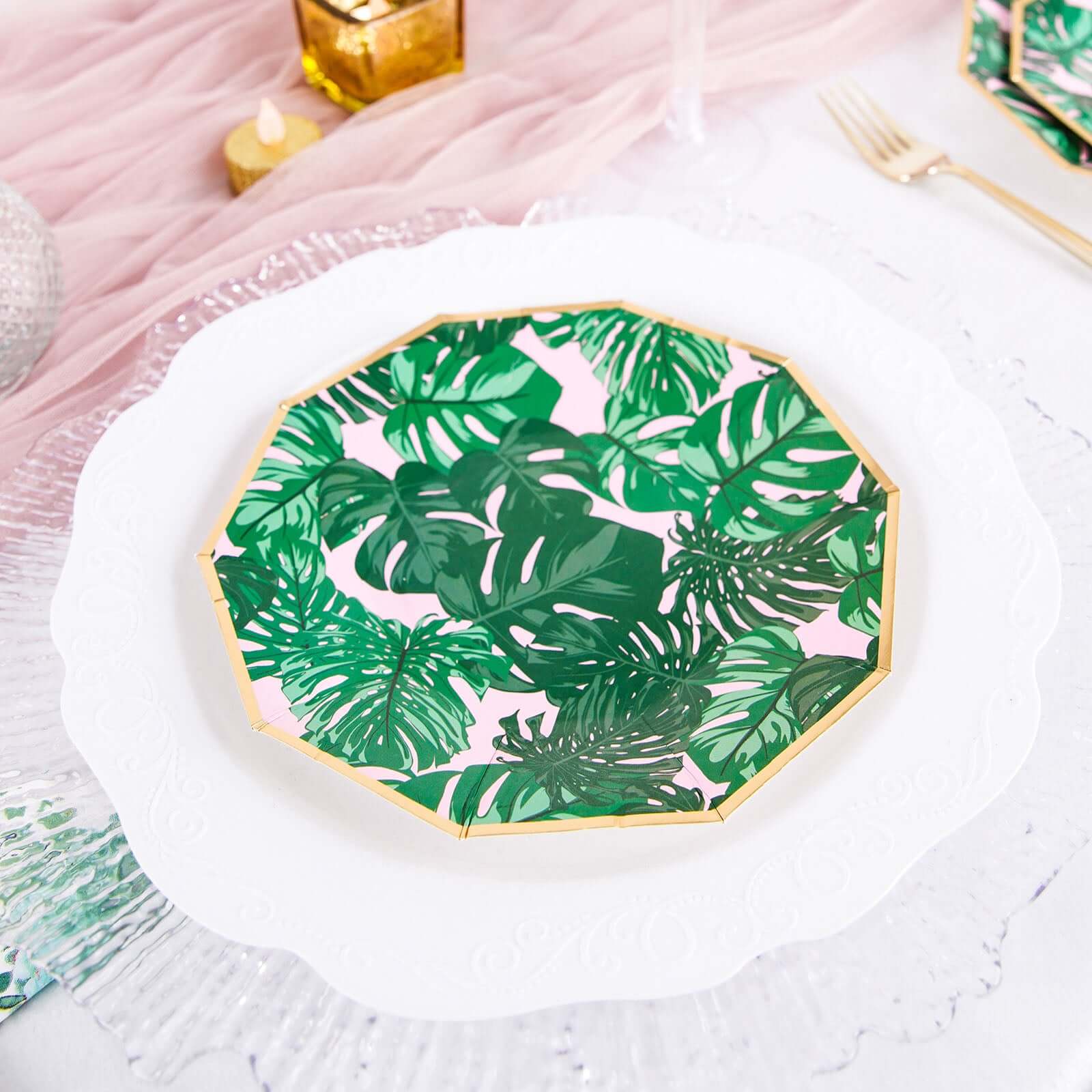 25-Pack Paper 7 Decagon Dessert Plates in Pink with Green Tropical Palm Leaves & Gold Rim - Disposable Geometric Appetizer Salad Plates for Boho Chic & Jungle Themed Events