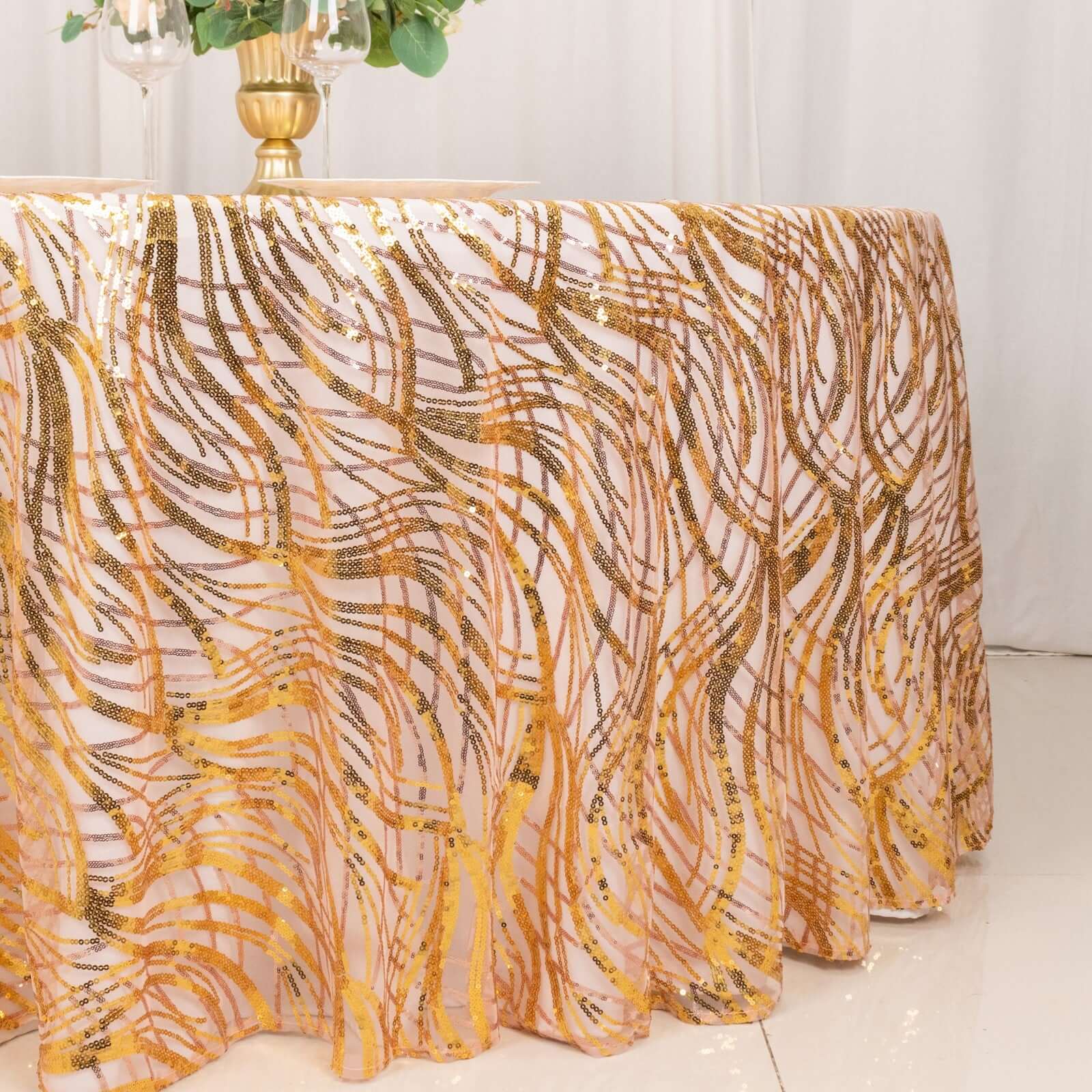 Sequin Mesh 120 Round Tablecloth Rose Gold/Gold - Seamless Wave Embroidered Table Cover