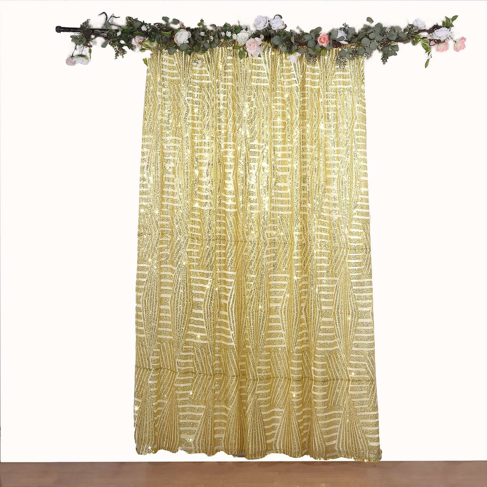 8ftx8ft Gold Geometric Sequin Event Curtain Drapes with Satin Backing, Seamless Opaque Sparkly Backdrop Event Panel in Diamond Glitz Pattern