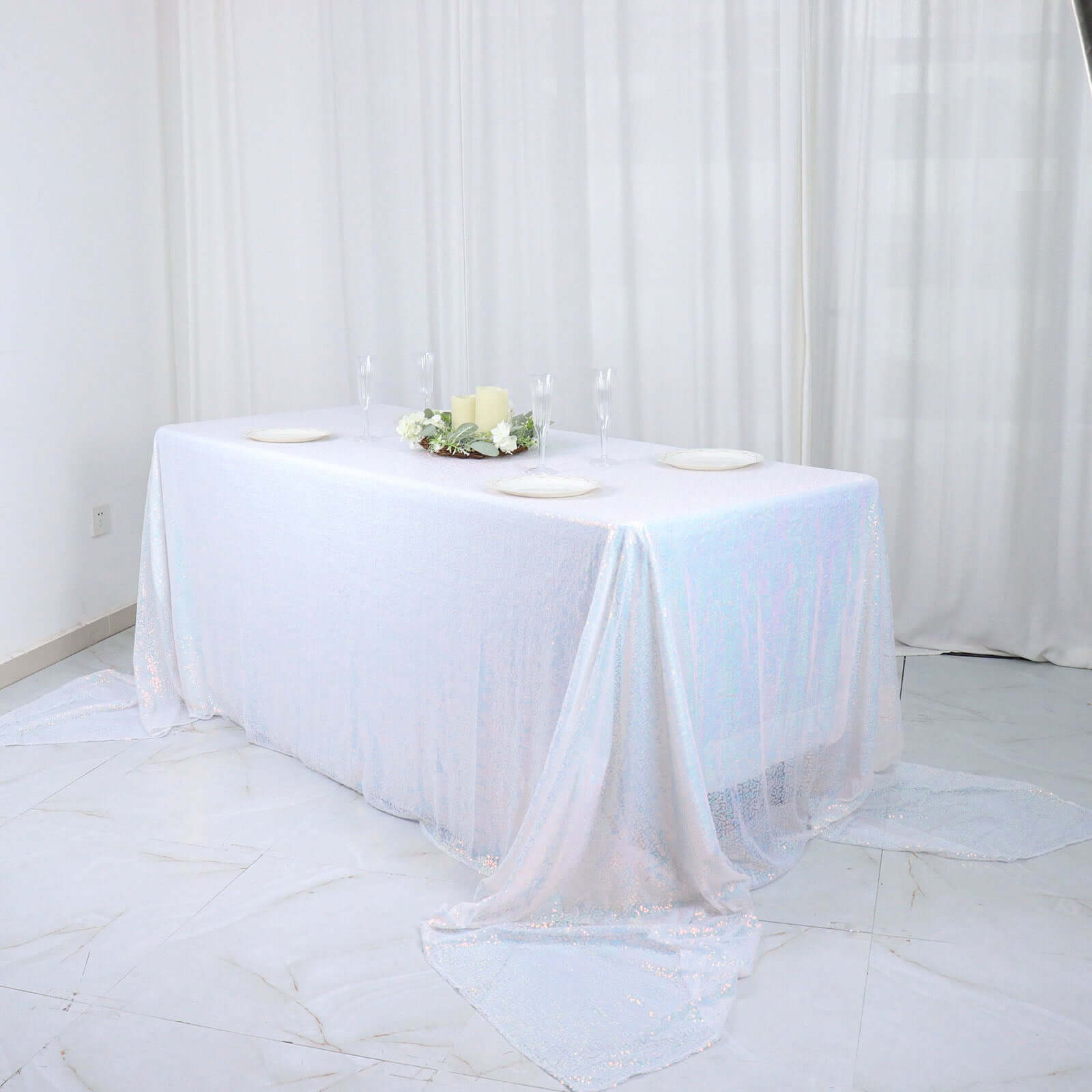 Sequin 90x156 Rectangle Tablecloth Iridescent Blue - Seamless Twinkling Table Cover