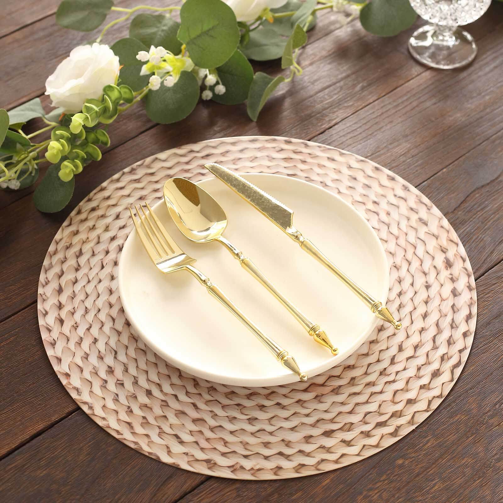 6-Pack Disposable Table Placemats in Wheat with Woven Rattan Print - 700GSM Cardboard Placemats for Rustic Themes & Outdoor Events 13