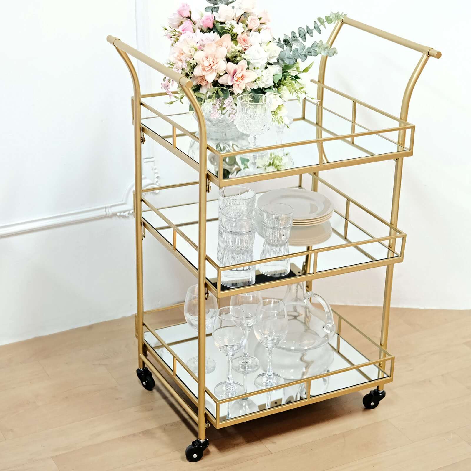 Gold Metal Bar Cart with Mirror Serving Trays 3-Tier - Teacart Island Trolley for Parties 3ft