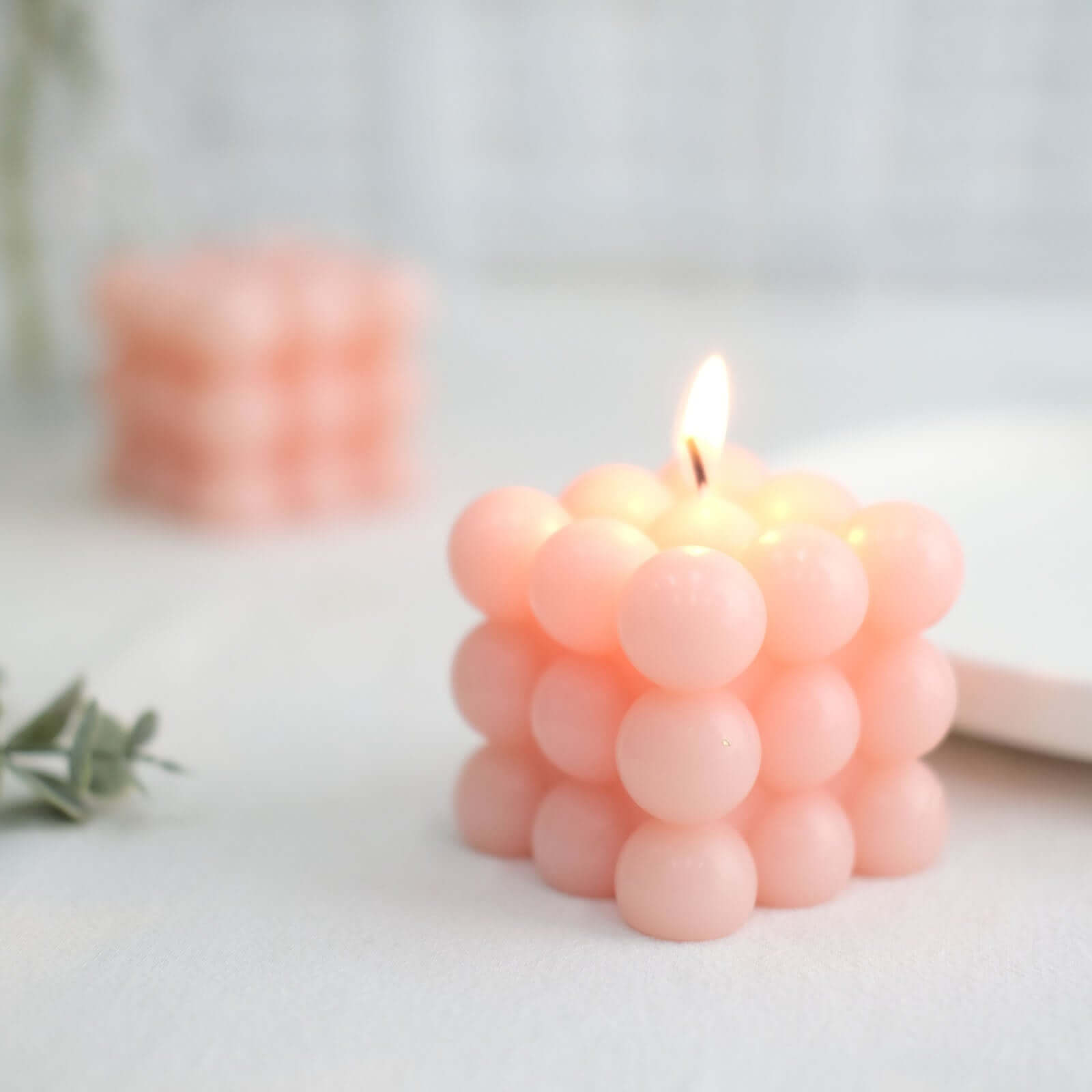 2-Pack Decorative Paraffin Wax Candles Bubble Cube Design Blush - Unscented Long Burning Pillar Candle Set 2