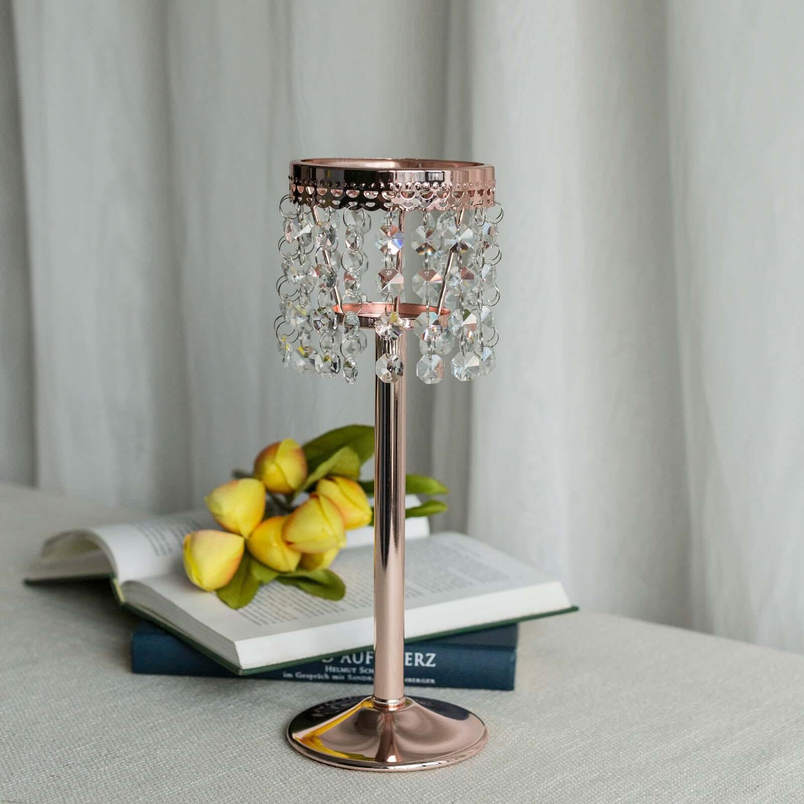 Crystal Beaded Chandelier Metal Candle Holder Rose Gold - Sophisticated Pillar Tealight Stand 12