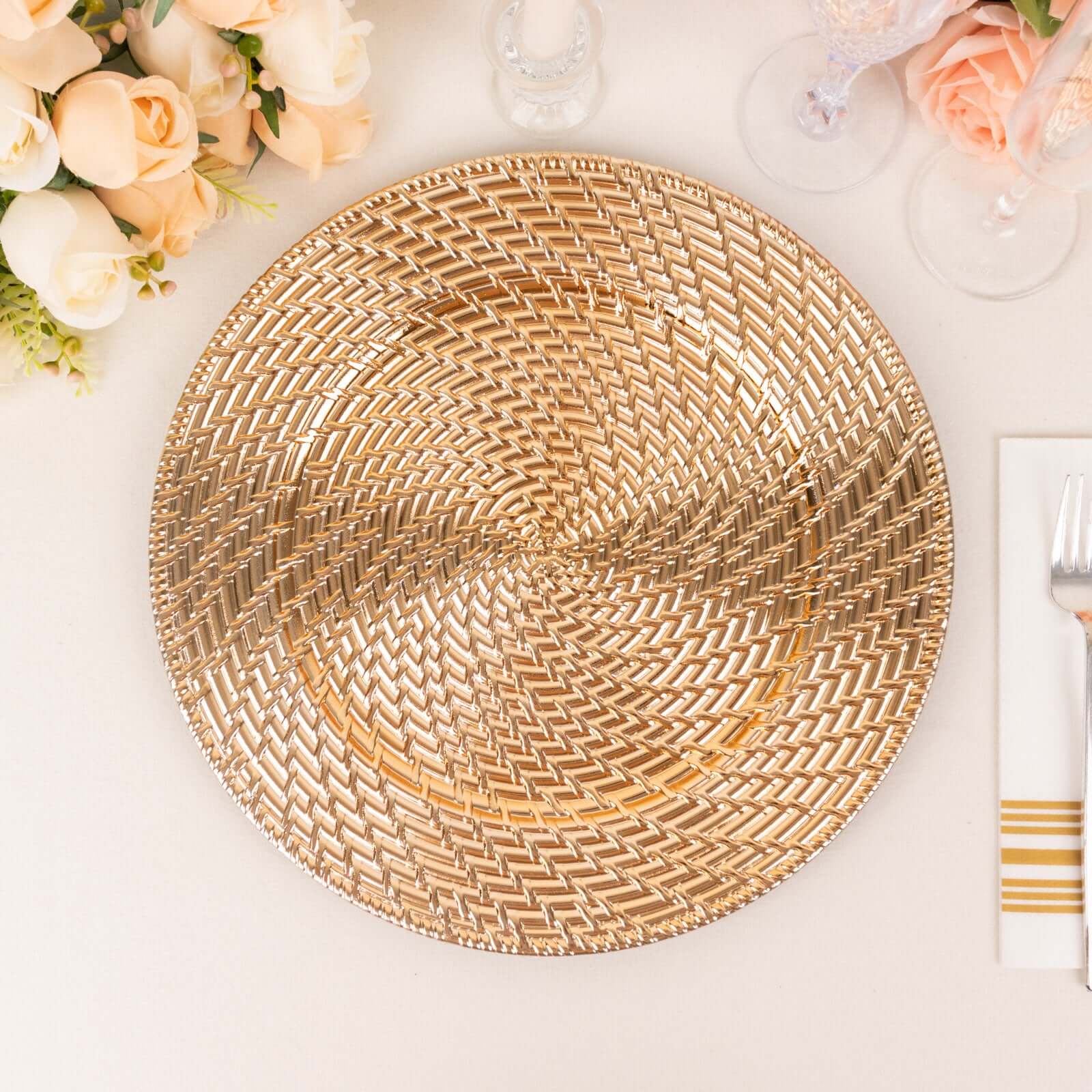 6-Pack Acrylic Round Charger Plates 13 in Metallic Gold with Swirl Rattan Pattern, Farmhouse Plastic Charger Tableware