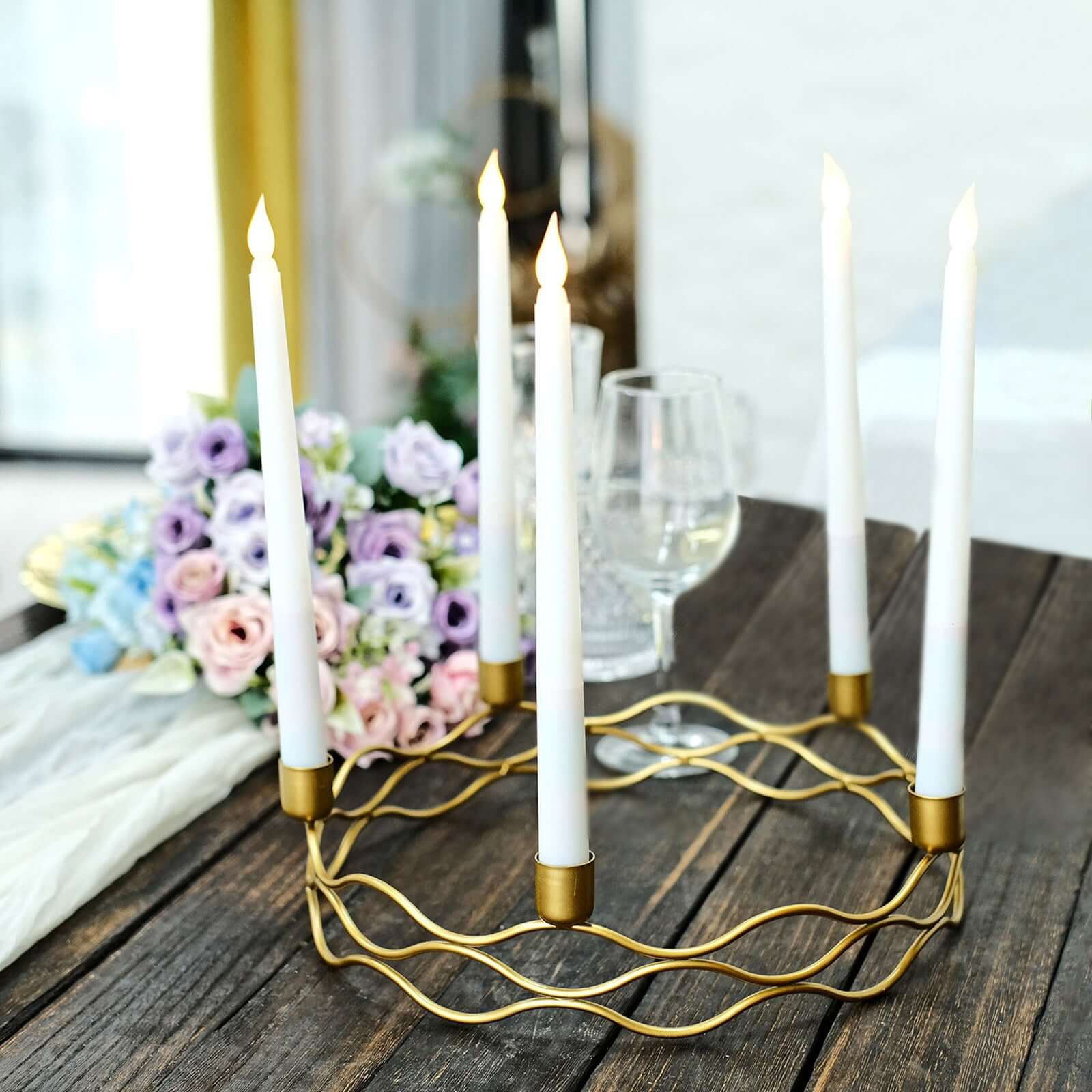 Round Wreath Taper Candelabra 5 Arm Gold Metal Decorative Centerpiece - Tabletop Candle Holder 12