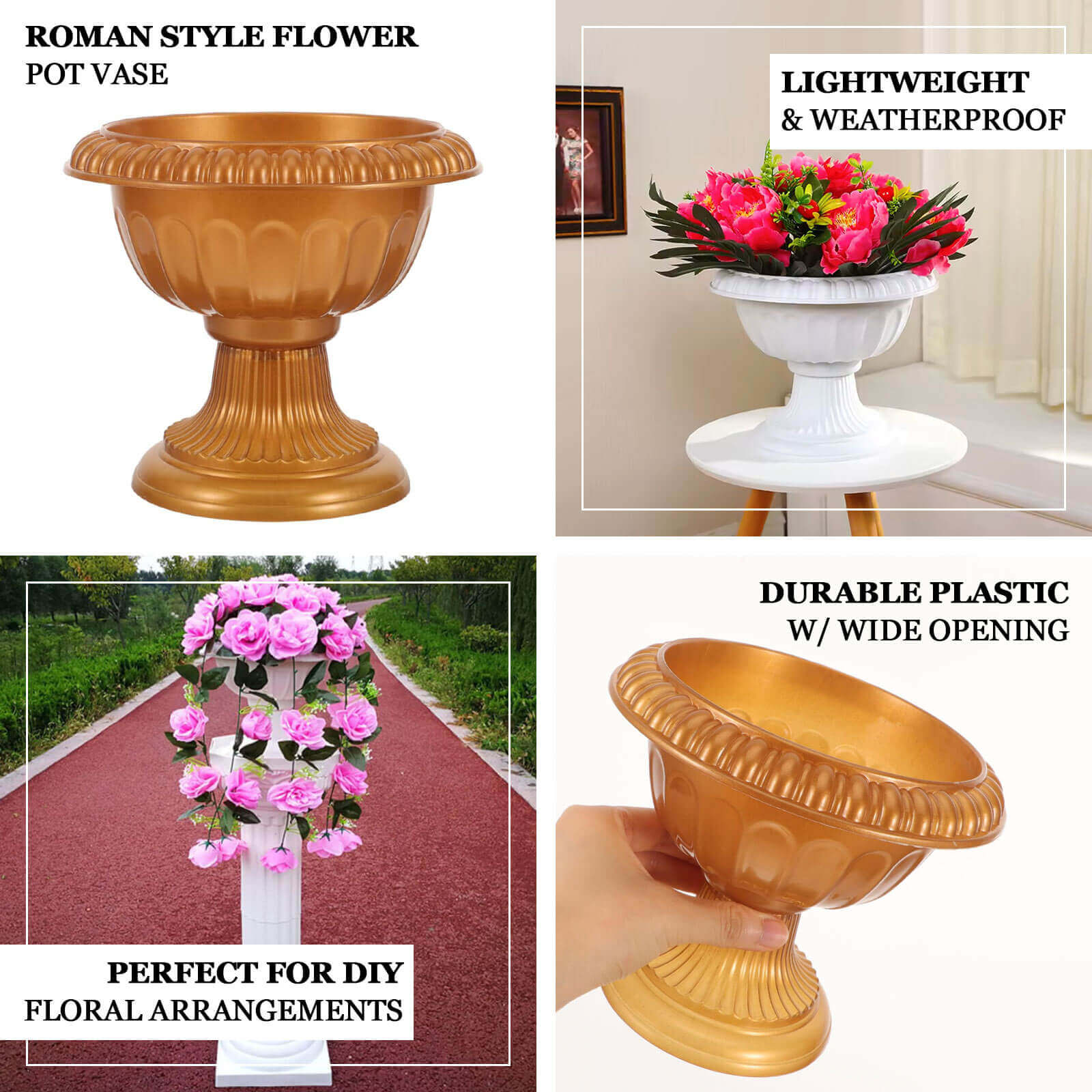 4-Pack Plastic Flower Pot Vases Roman Style Gold - Classic Floral Urn Planter Table Centerpieces 6