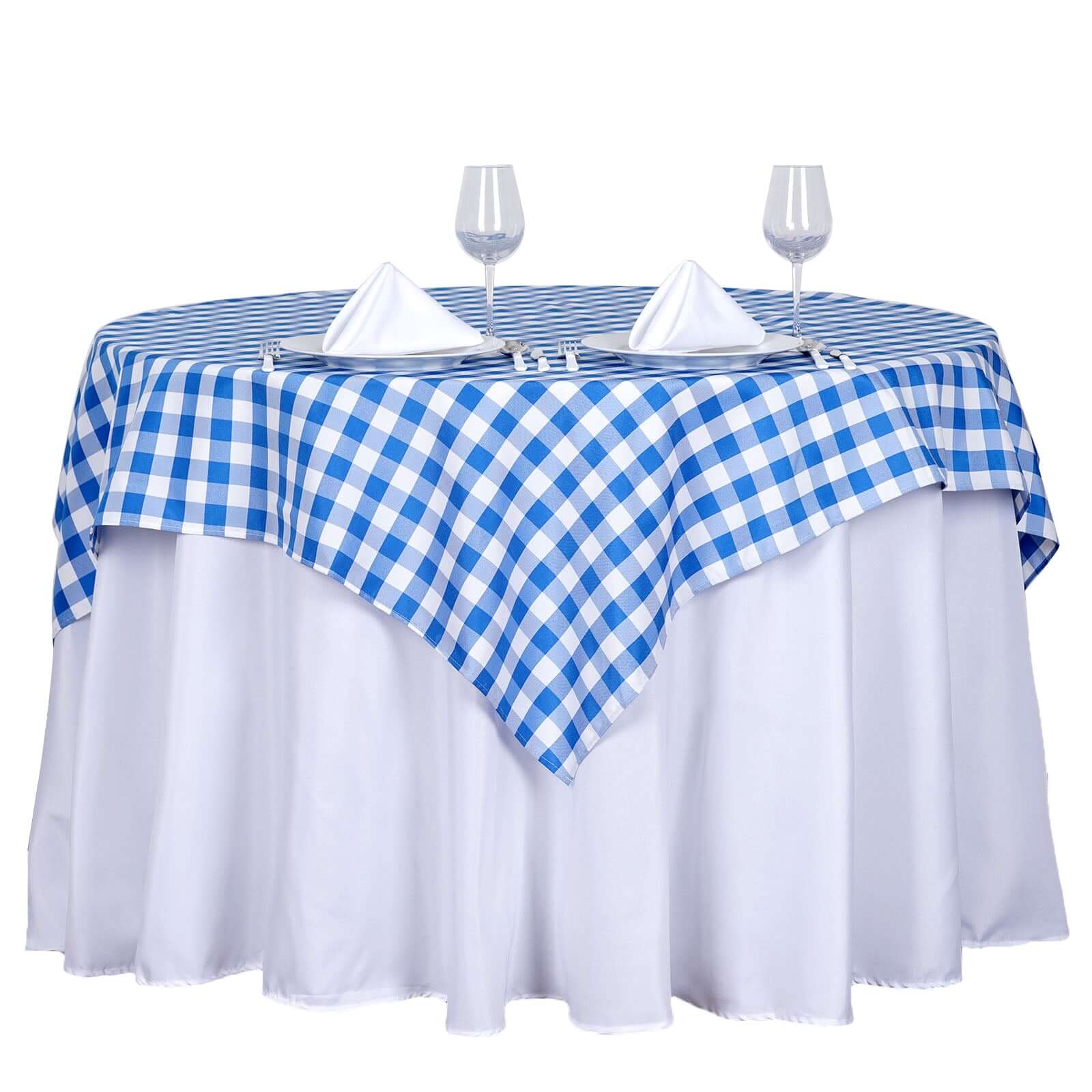 Polyester 54x54 Table Overlay Square Tablecloth White/Blue - Checkered Buffalo Plaid Design for Casual Table Settings