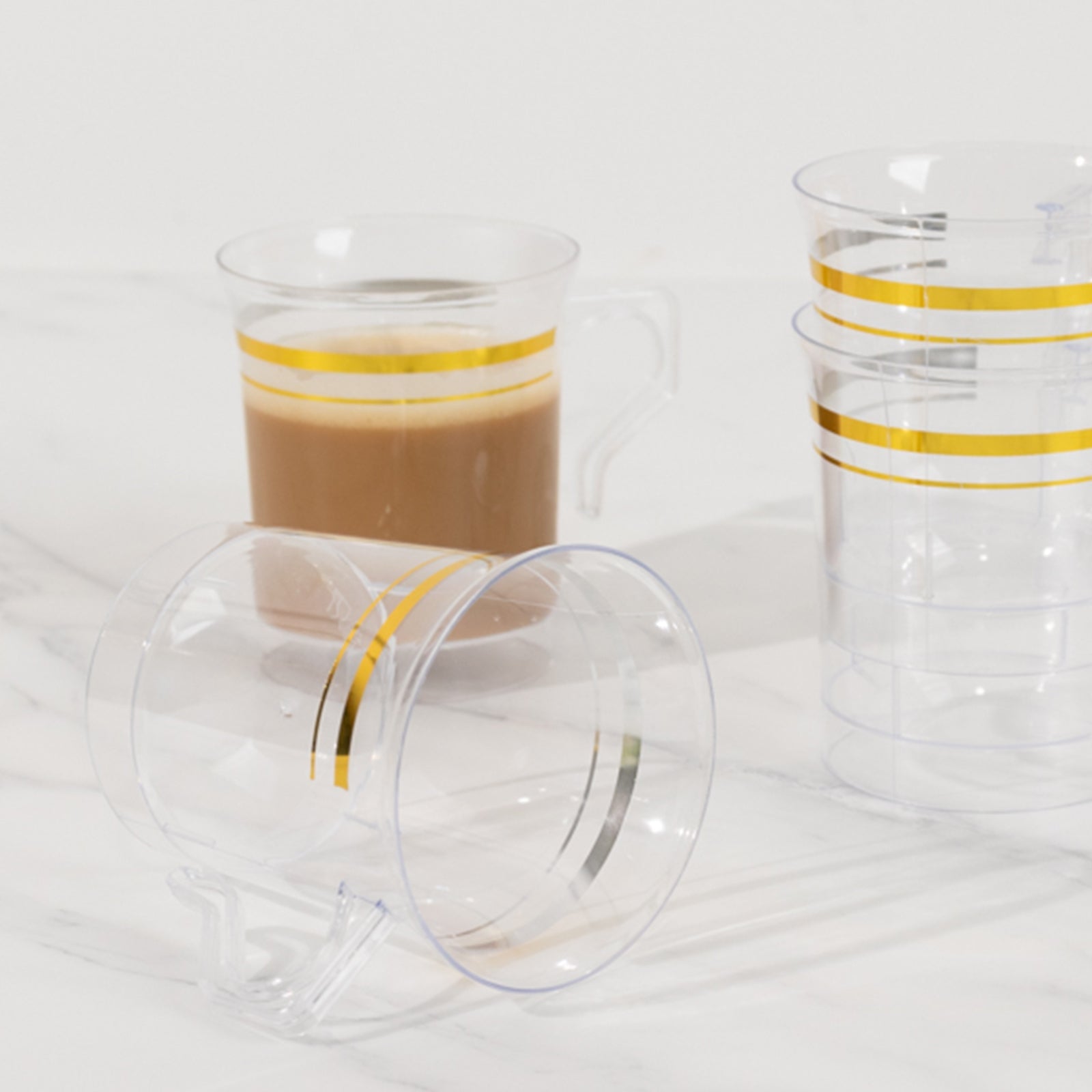 8-Pack Plastic Coffee Mugs Clear with Gold Stripes - Sturdy Disposable Cups for Coffee and Tea 8oz 3.5