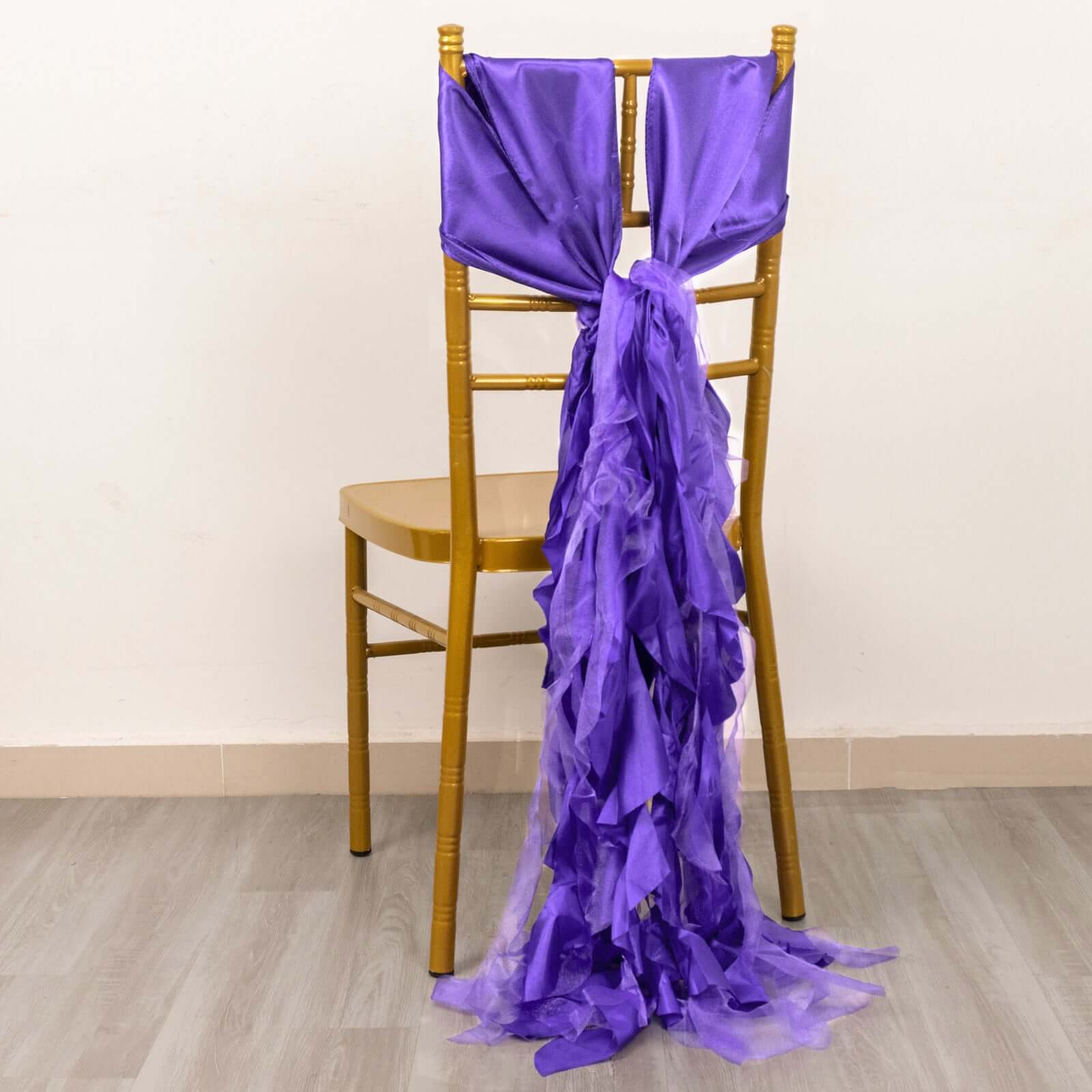 5 Pack Chiffon Satin Chair Sashes Purple - Easy to Install Ruffled Curly Willow