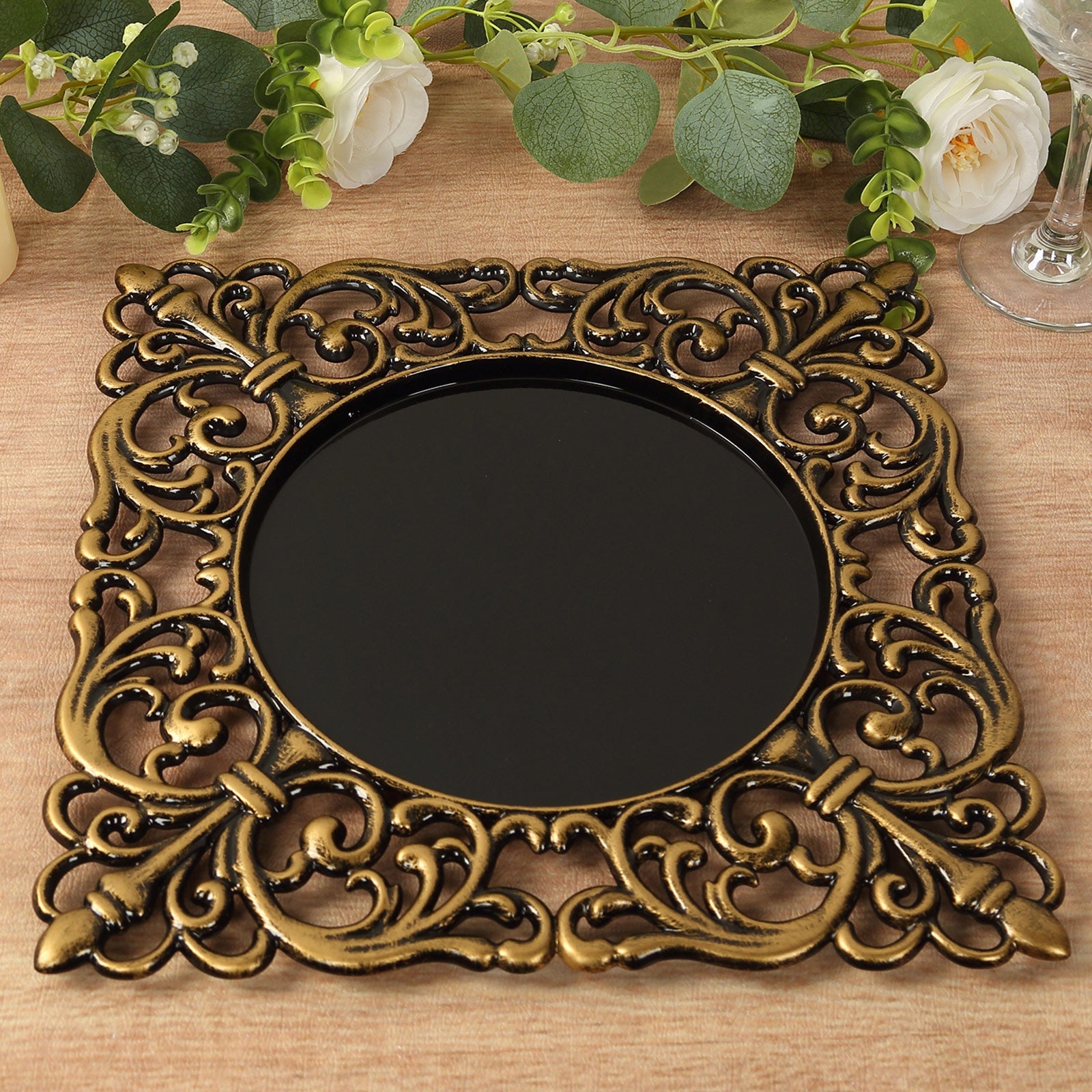 6-Pack Acrylic Square Charger Plates 12 in Black with Antique Gold Hollow Lace Border, Event Tabletop Decorative Charger Tableware