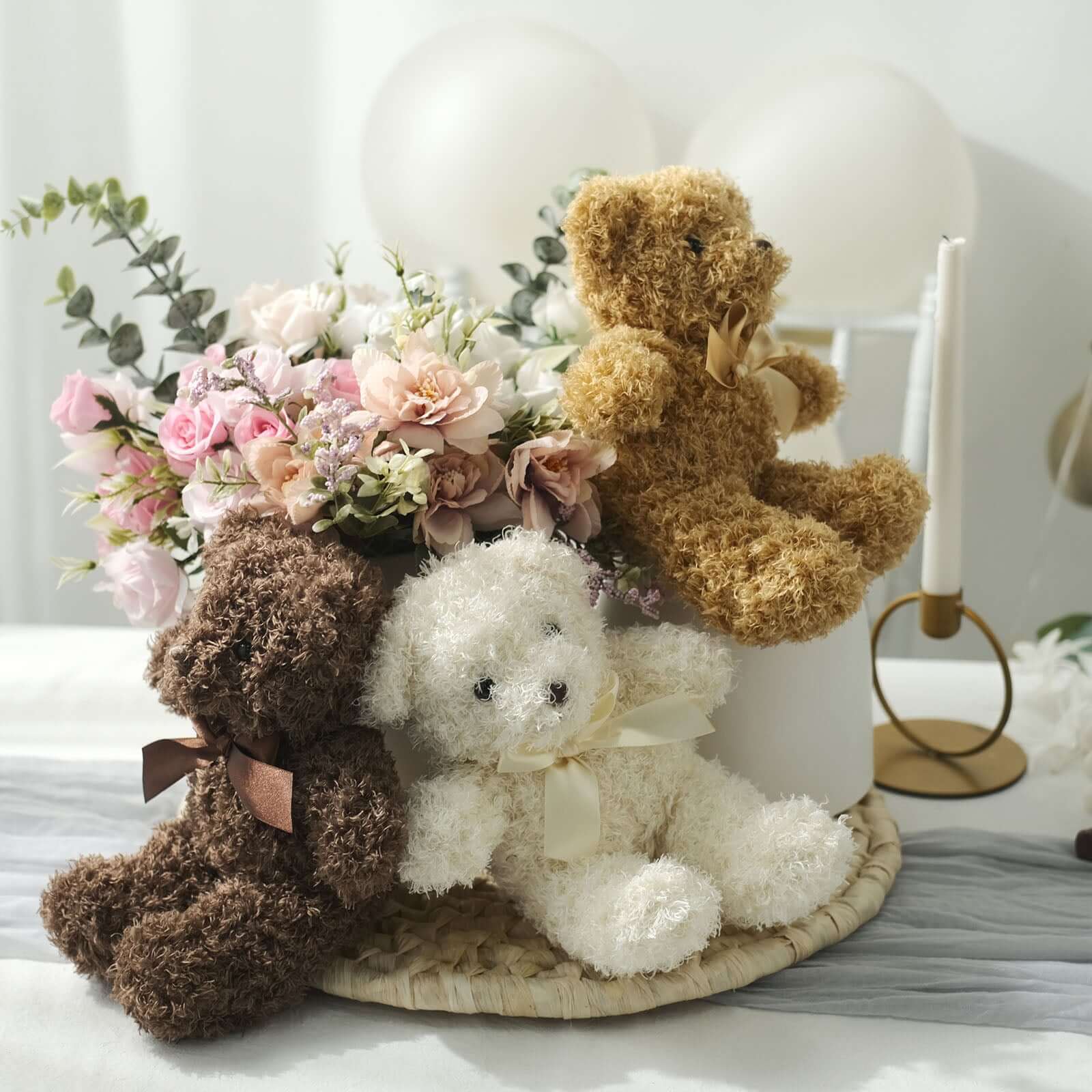 Set of 3 7 Cute Plush Stuffed Teddy Bears Party Favors Centerpiece Decor, Soft Toy Animals Party Decorations - Dark Brown,Ivory,Natural