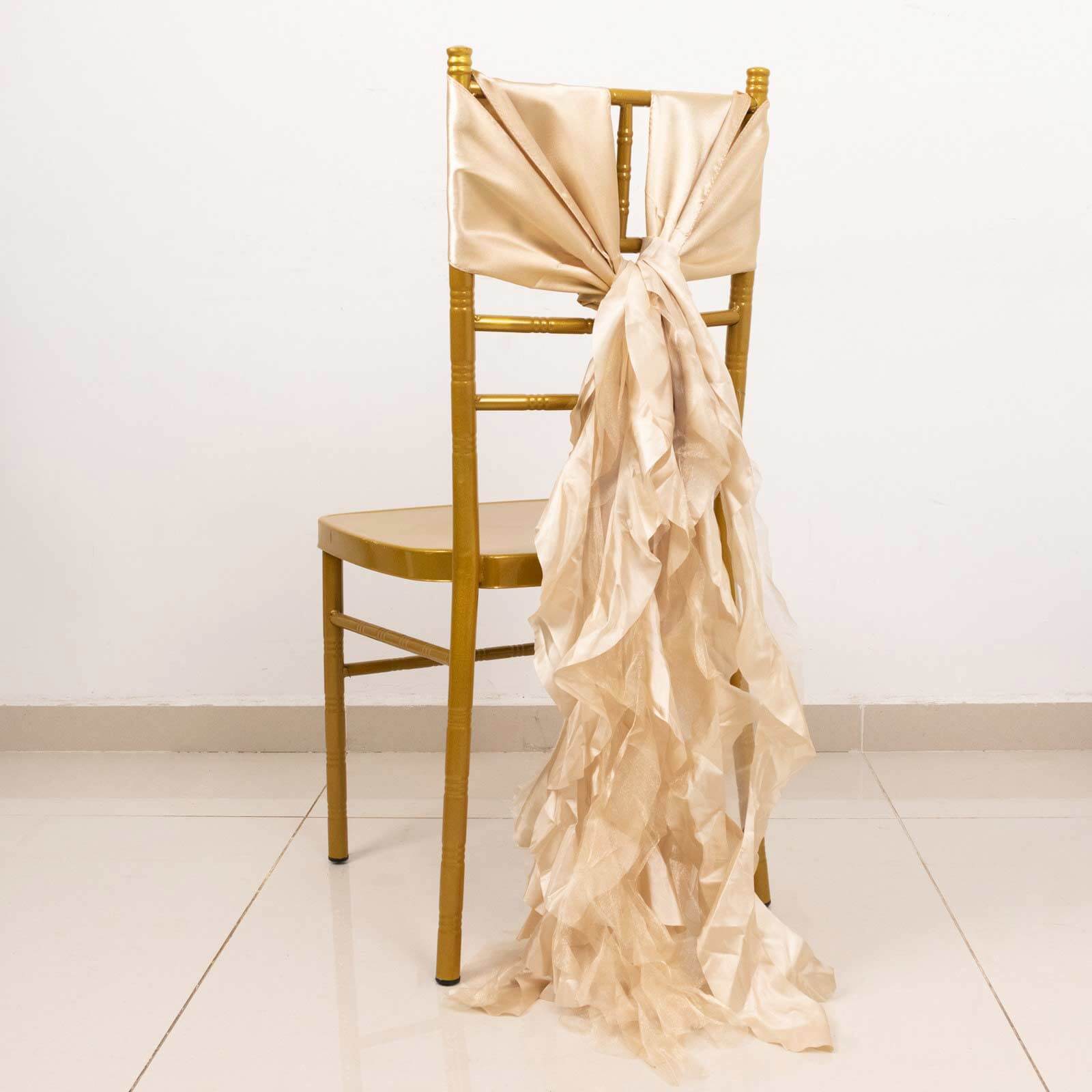 5 Pack Chiffon Satin Chair Sashes Beige - Easy to Install Ruffled Curly Willow