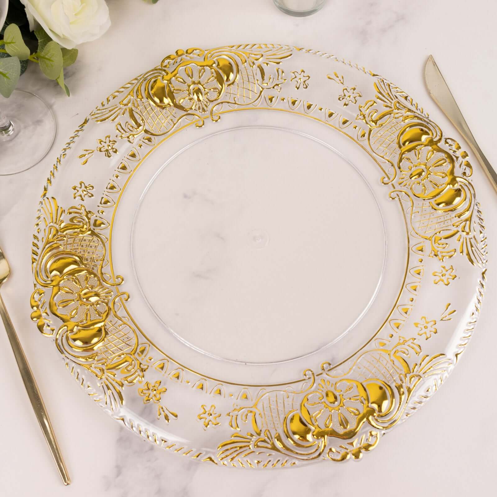 6-Pack Plastic Round Charger Plates 13 in Clear with Gold Florentine Embossed Rim, Exquisite Dinner Serving Plates