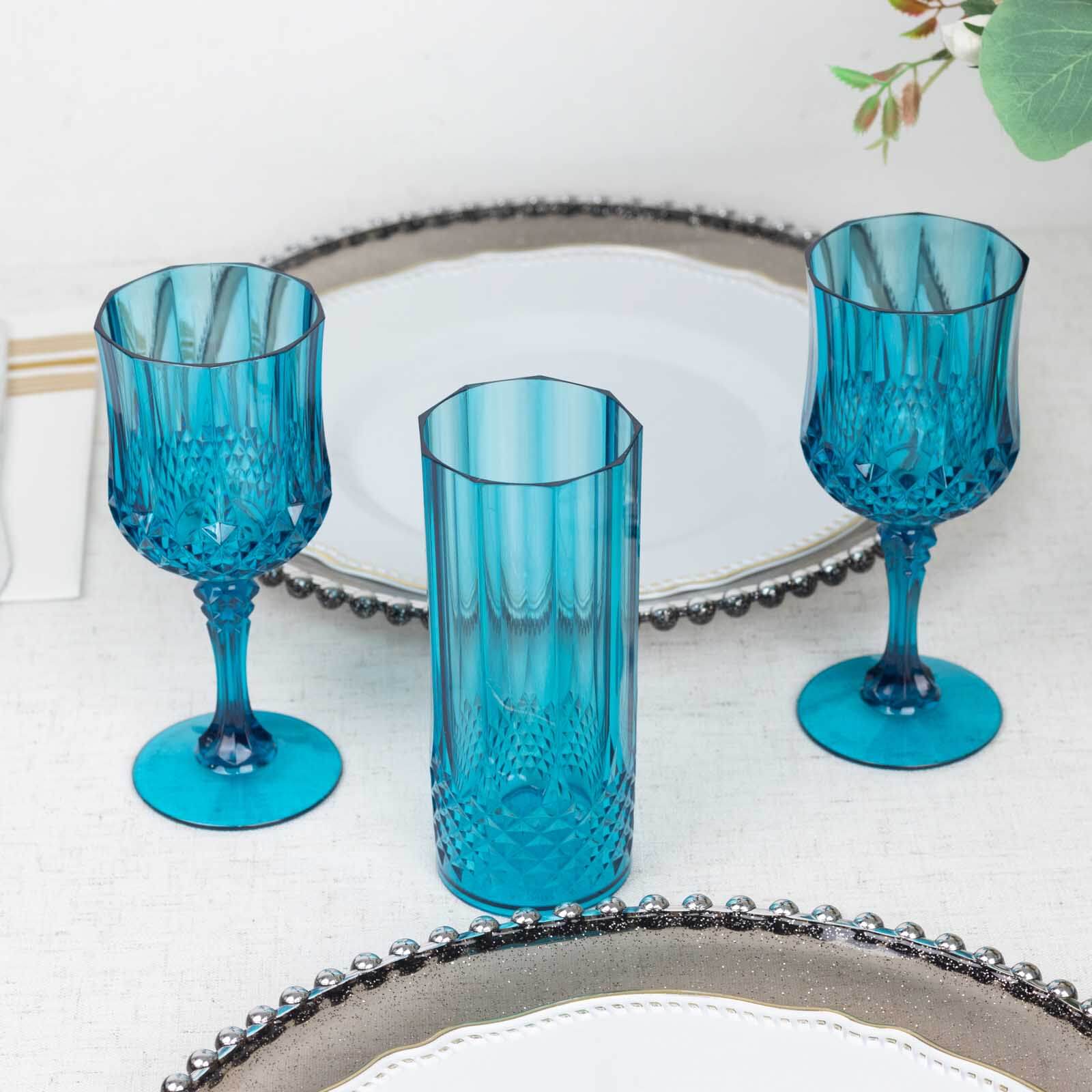 6-Pack Plastic Cocktail Goblets Ocean Blue Transparent Crystal Cut - Shatterproof Drinkware 8oz