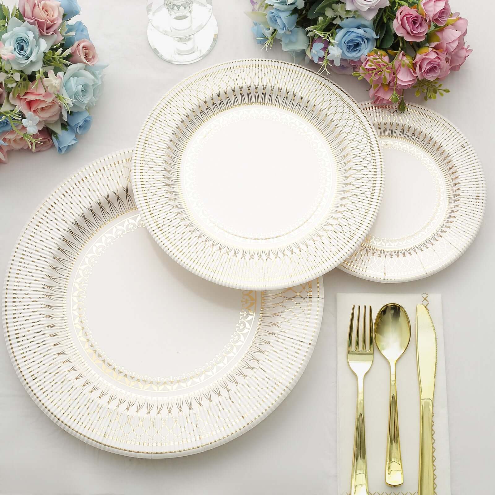 25-Pack Paper 10 Round Dinner Plates in White with Gold Vintage Porcelain Style Rim - Disposable 300GSM Party Plates