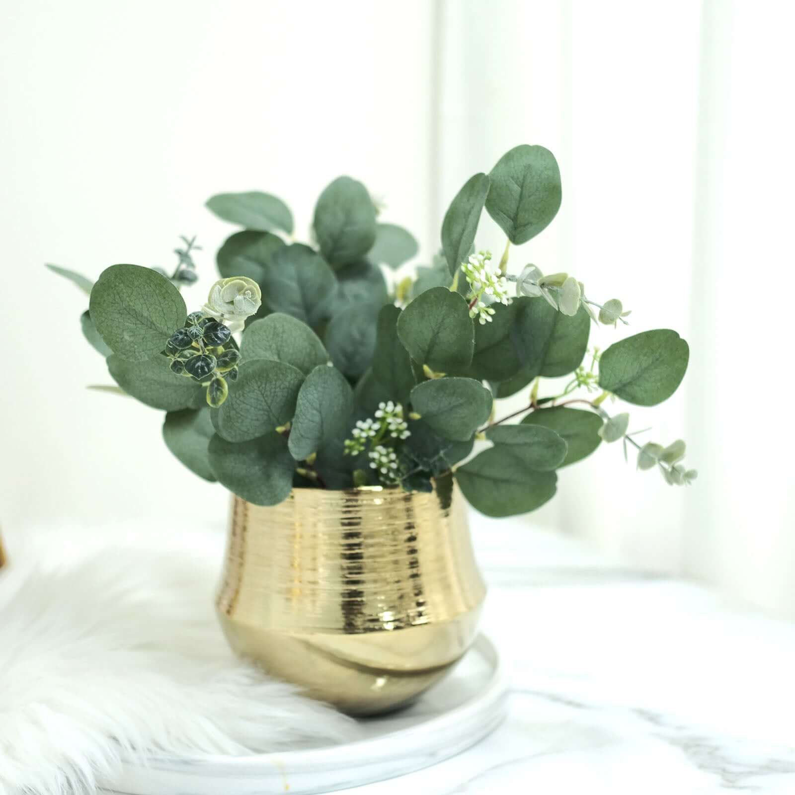 14 Stems Real Touch 12 Artificial Eucalyptus Leaf Flower Bouquet, Faux Silver Dollar Branches, Vase Floral Arrangement