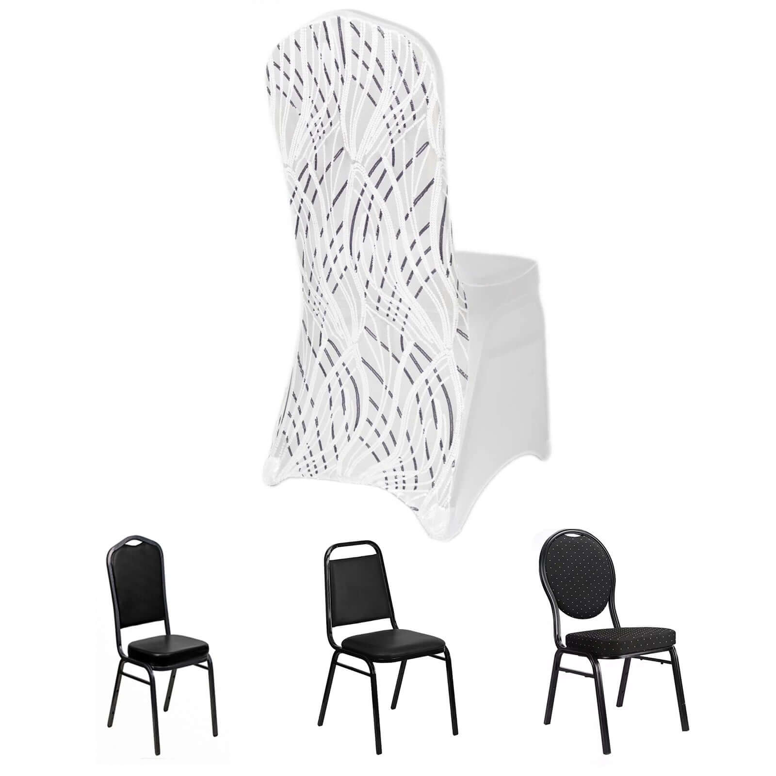 Spandex Chair Cover with Wave Embroidered Sequins for Banquet Chairs White/Black - Luxe Glittering Stretch Fitted Slipcover