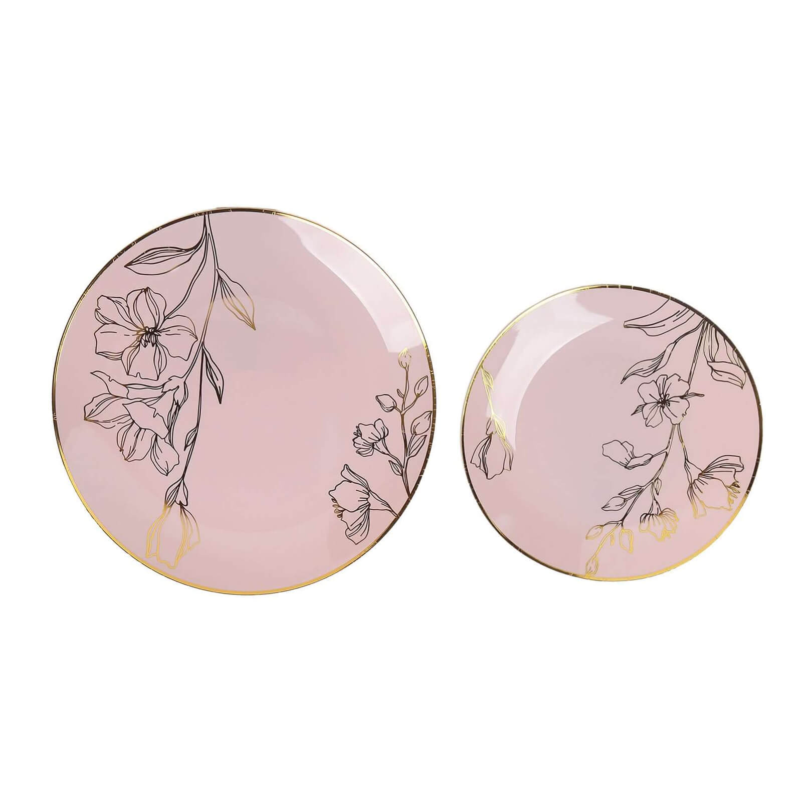 Set of 20 Plastic Round Dinner and Dessert Plates in Dusty Rose with Metallic Gold Floral Design - Stylish Disposable Dinnerware 8, 10