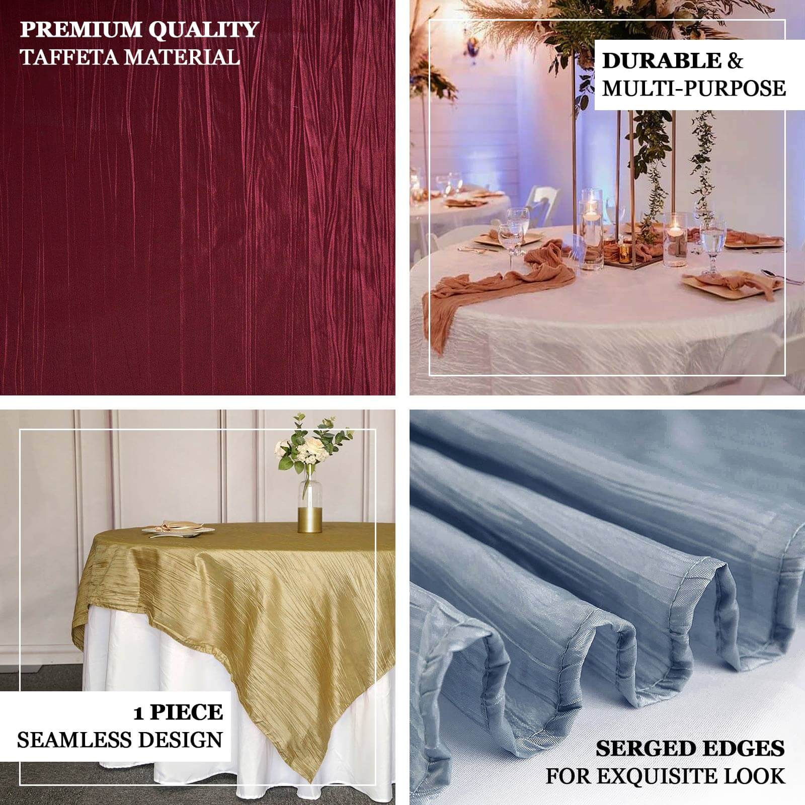Taffeta 90x90 Table Overlay Square Tablecloth Burgundy - Accordion Crinkle Table Cover